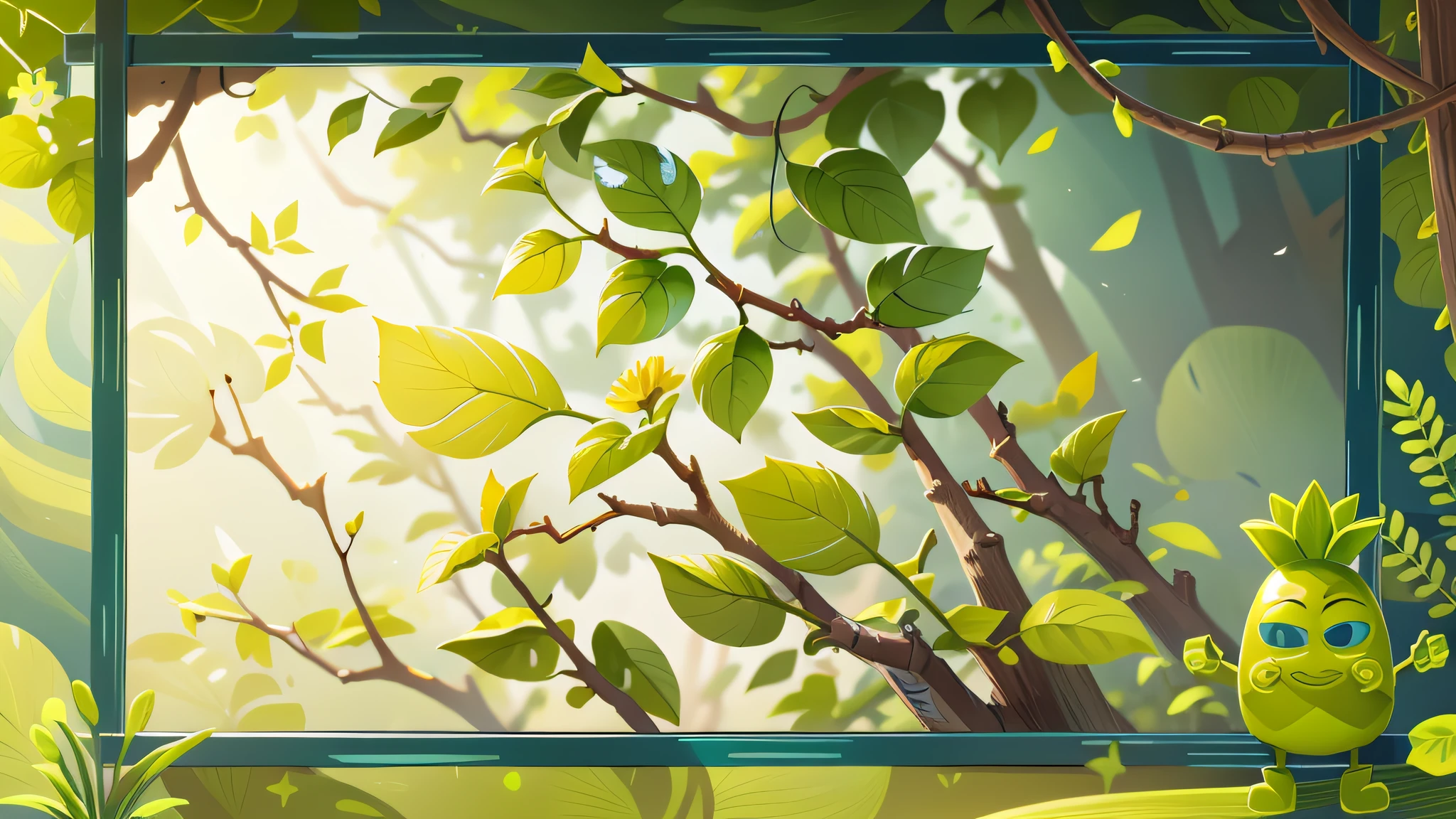 Clip box。There is a green vine man on it、leafs，Yellow, green, blue and fresh tones，Summer feeling