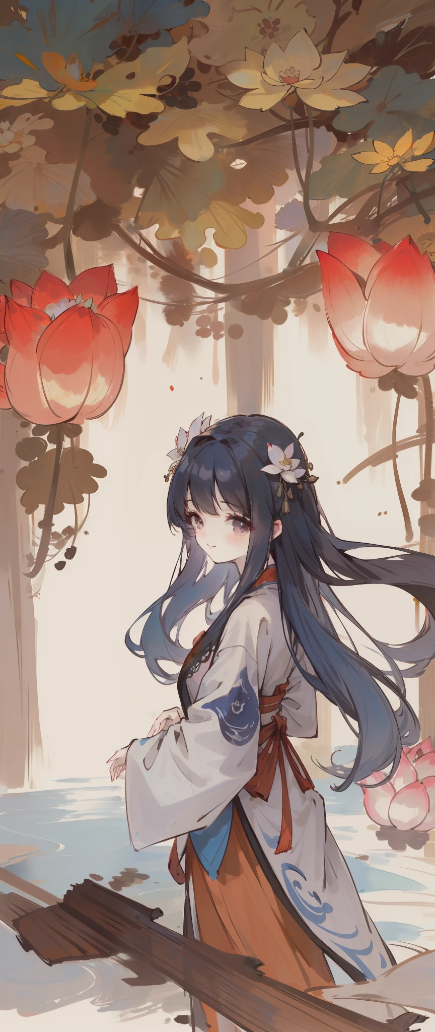 ((4k, masterpiece, best quality)), shuimobysim, Chinese painting, lotus, hanfu, maxiskit, dress conservatively 1girl, solo, long blue hair, smile, standing, feet in water, barefoot, ink painting