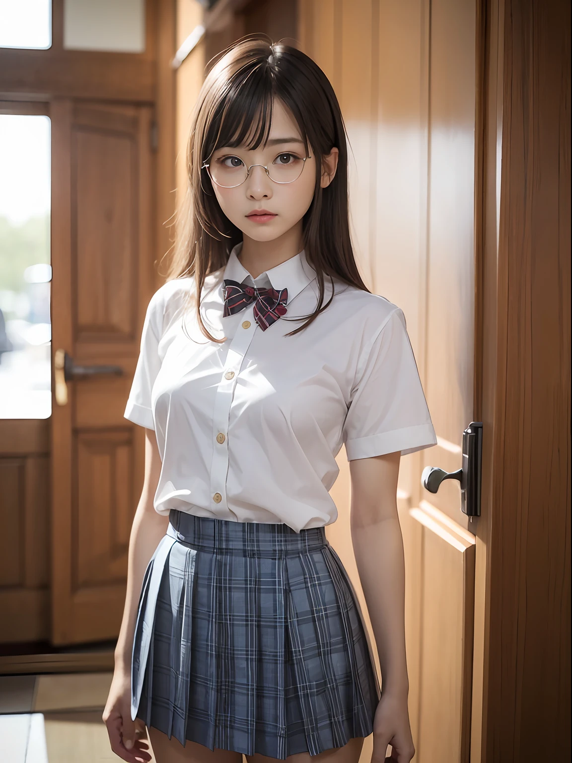 (8K、Raw photography、top-quality、masterpiece:1.2),absurderes,a small face,small tits,flat breast,Parting the bangs from the middle、Forehead visible,(Tight eyes,Bullish,skinny,Rasping,irate)、masterpiece,top-quality、超A high resolution,Raw photo,ren,Beautiful fece,One Person, 独奏,eye glass,,Dark look,Small breasts,fullllbody,Round glasses、cute little、A Japanese Lady,is standing,(Tight eyes,Bullish,skinny,Rasping,irate,small tits,flat breast)、(Photorealsitic:1.37)、Photon mapping,Light blue ribbon,Realistic、Cute little face,Brown-eyed、Black socks、(Red bow tie)、Radio City、Physically Based Rendering、Foreground、depth of fields、Blurry background、a picture,The girls、Body, Long legs, Thin leg,Semi-long,(Bangs are visible), hair, s lips, Blue_The eye, nosesoft,White shirt, Navy blue and white plaid pleated skirt, Knees are visible,Sheer clothing,, Thigh, Black cotton socks,Nogizaka Idol, 女優, Japanese ido