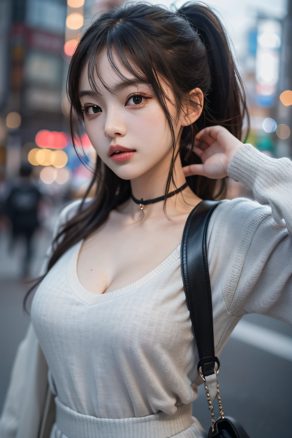 Best Quality Detail:1.2, realisitic, 8K UHD, hight resolution, 1girl in:1.2, The ultra-detailliert, High quality textures, intricate detailes, detaileds, Very detailed CG, High quality shadows, Detail Beautiful delicate face, Detail Beautiful delicate eyes, depth of fields, Ray traching, in her 20s, Pretty Kpop Girl, Korean Urzan Face:1.1, Slender face, ulzzang -6500-v1.1:0.6, pureerosface_v1, gloweyes, teak, Glossy lips, perfectbody, a choker、cleavage of the breast、 Brown hair、poneyTail:1.1, Street, Particle, look at viewr, Photorealsitic:1.4, ultra-detailliert, photos realistic, 4K 8K UHD Full Color RAW Photos, Fuji Film(Medium format:1.2), Hasselblad:1.2, Carl zeiss:1.1, Incredible dynamic range photography(UTIL_Art by Smoose-768:1.1), hight resolution, High pixel count, clear details, crisp image, Natural color reproduction, Noise Reduction, High fidelity, qulity, Software Improvements, Upscaling, Optimized algorithms, Pro-level retouching、((Shibuya, tokyo prefecture))、On the way to shopping、((Fashionable clothes with a very high design))、Casual Tracksuit: Sporty and casual tracksuit、Fashionable style
