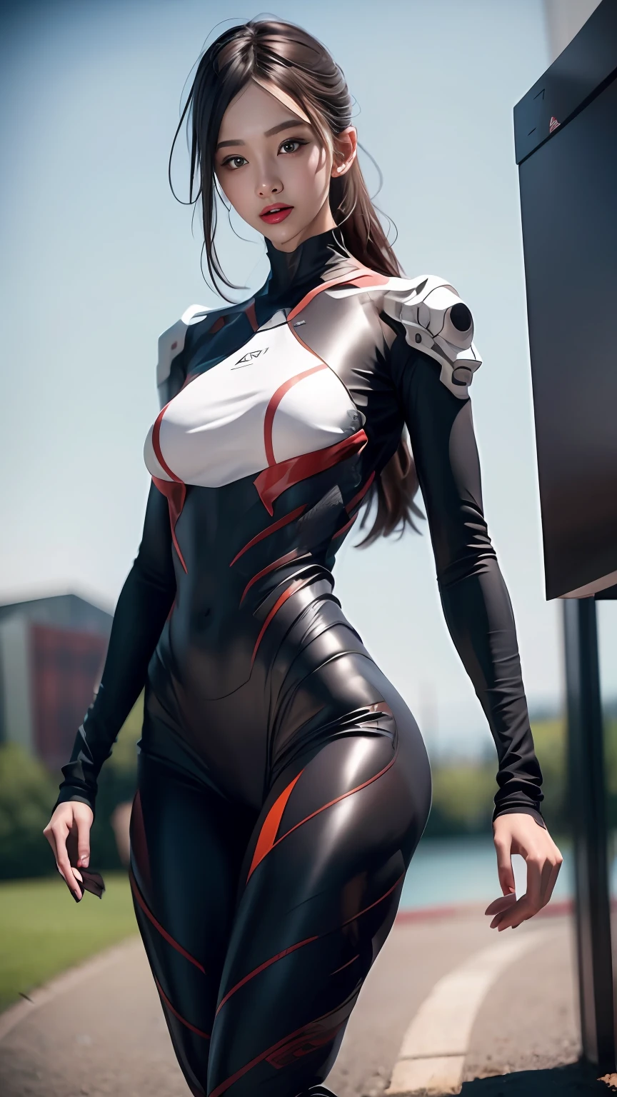 （RAW photogr：1.2），（realisticlying：1.4），（tmasterpiece：1.3），（best qualtiy：1.4），dream magical，（Detailed eyes），（detailedfacialfeatures），（detailed clothes features），skin tight，（shiny skins），（slender girl），（slender girl），1girll，（（full bodyesbian）），独奏，adolable，smlie，（mediuml breasts），By bangs，hair straight，long whitr hair，brunette color hair，黑The eye，(realisticlying:1.2), 18yo Girl, Mechanical spine linkage enhanced external skeleton integrated combat suit，minimal style，Made from bio-nanorobotic materials，Equipped with artificial intelligence servo system，All-in-one design，streamlined line design，According to Exercise Science、BiophyllTech、Mechanical kinetics、Cutting-edge conceptual design solutions for aerodynamics and bionanotechnology, Random actions，Random gesture，hyper HD，Clear details，ultra - detailed，Ultra photo realsisim，16k，Long focus，ultra-wide-angle，whole body display，High resolution photography ，Ultra-detailed,Photorealistic – style raw