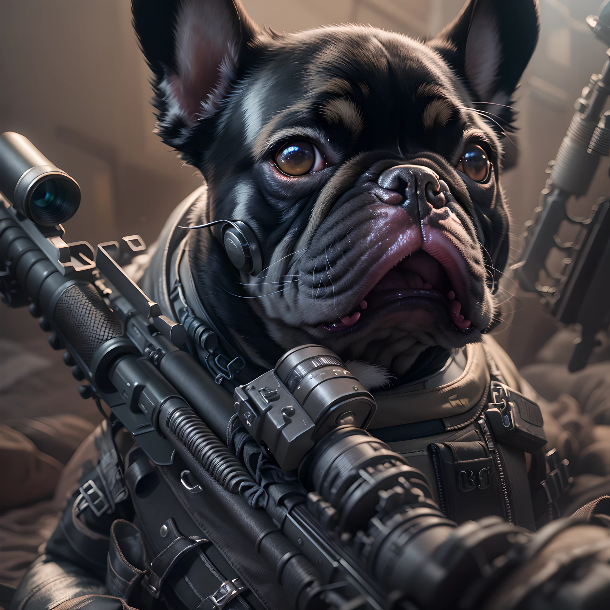 Keeping the French Bulldog Face, Very realistic special forces black suit, (High detail sniper rifle), High-detail battlefield backgrounds, Stereoscopic effect, 3d rendered, (Best Illustration), (super detailed CG), digital painting, Milky Way Eye, ultra-definition, --IOS 120, Meticulous wording, HDR, extremely high details, unreal-engine, rich colors, Octane rendering, 8k, The ultra-Highres