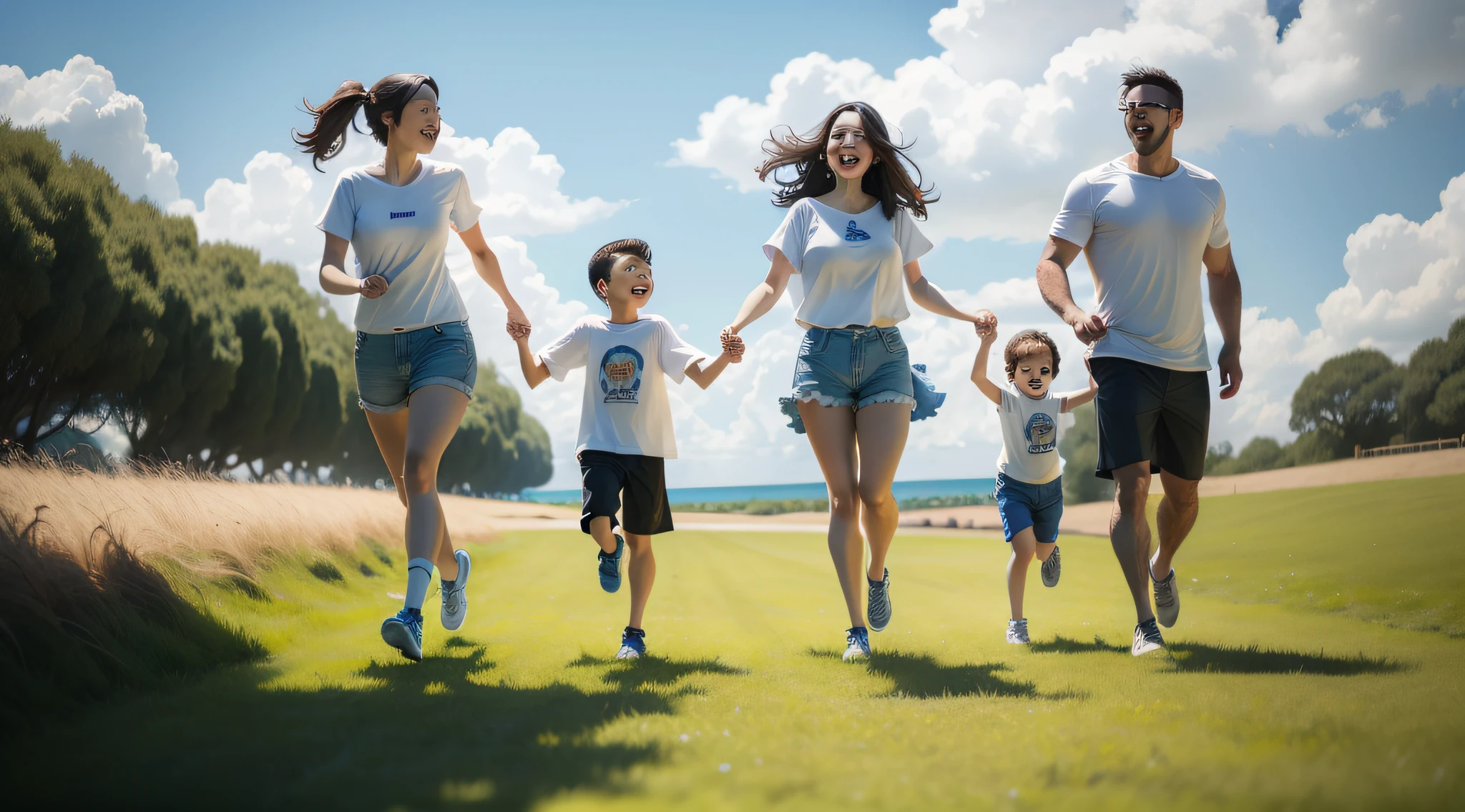 A family running hand in hand，Three people，blissful，having fun，dressed in a white t-shirt，On the grass，with blue sky and white clouds，High resolution 8K