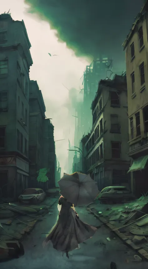 there is a woman walking down a street with an umbrella, in a ruined cityscape, in a post apocalyptic city, stylized urban fanta...