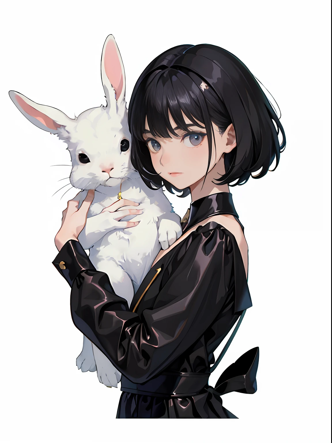 A boy holding a rabbit,Exterior details(Short black hair,Black colored eyes),Cool expression,adolable,Q version,Refer to the picture painting style