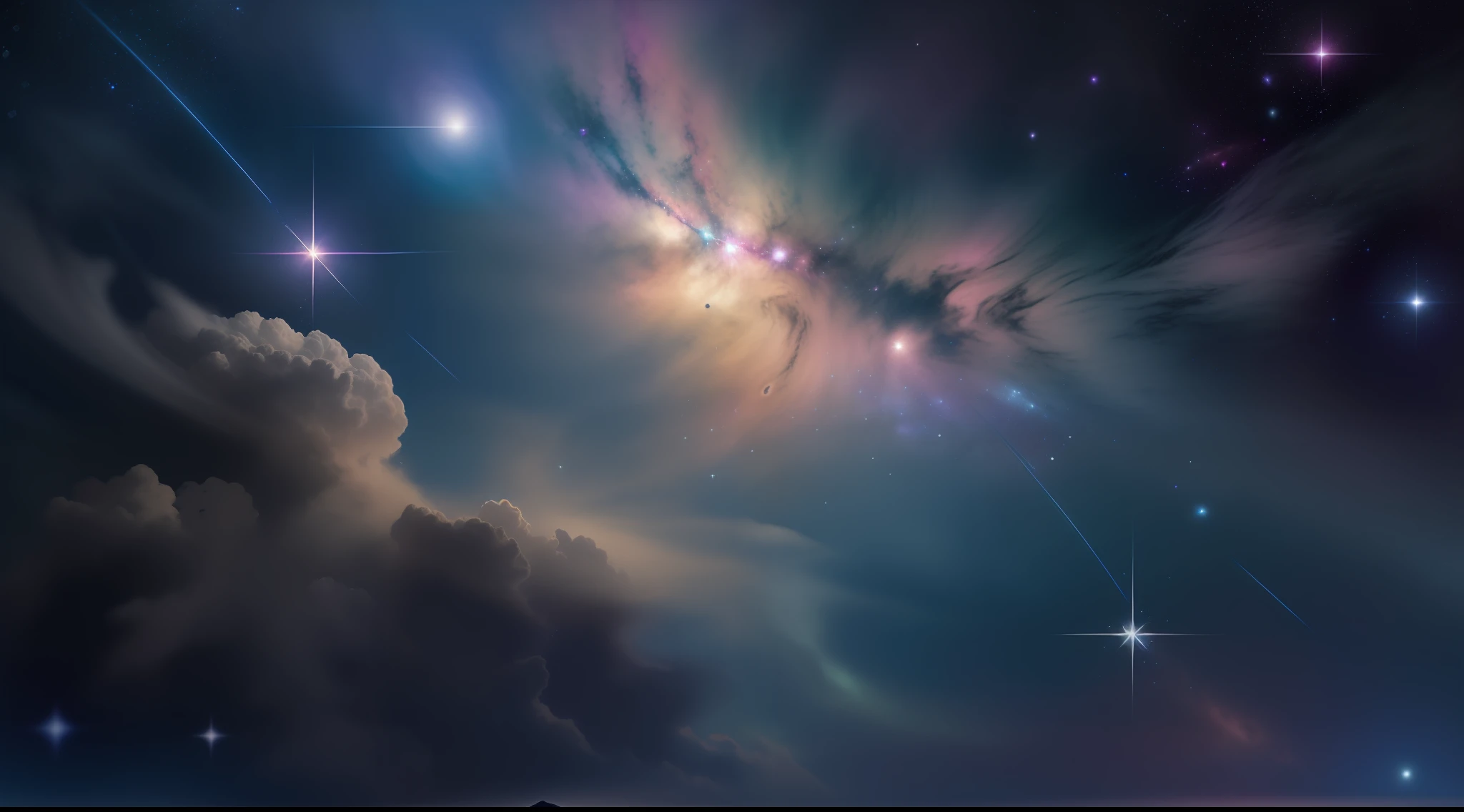 Create a relaxed image, Dark Universe. Scene of serene celestial beauty in the vastness of space, Where distant stars twinkle like guiding lights. Breathtaking nebulae and colorful galaxies inspire amazement and awe. Blend with muted tones and indigo, Deep purple, Eta、Warm sky shades that create an atmosphere of peace and tranquility.