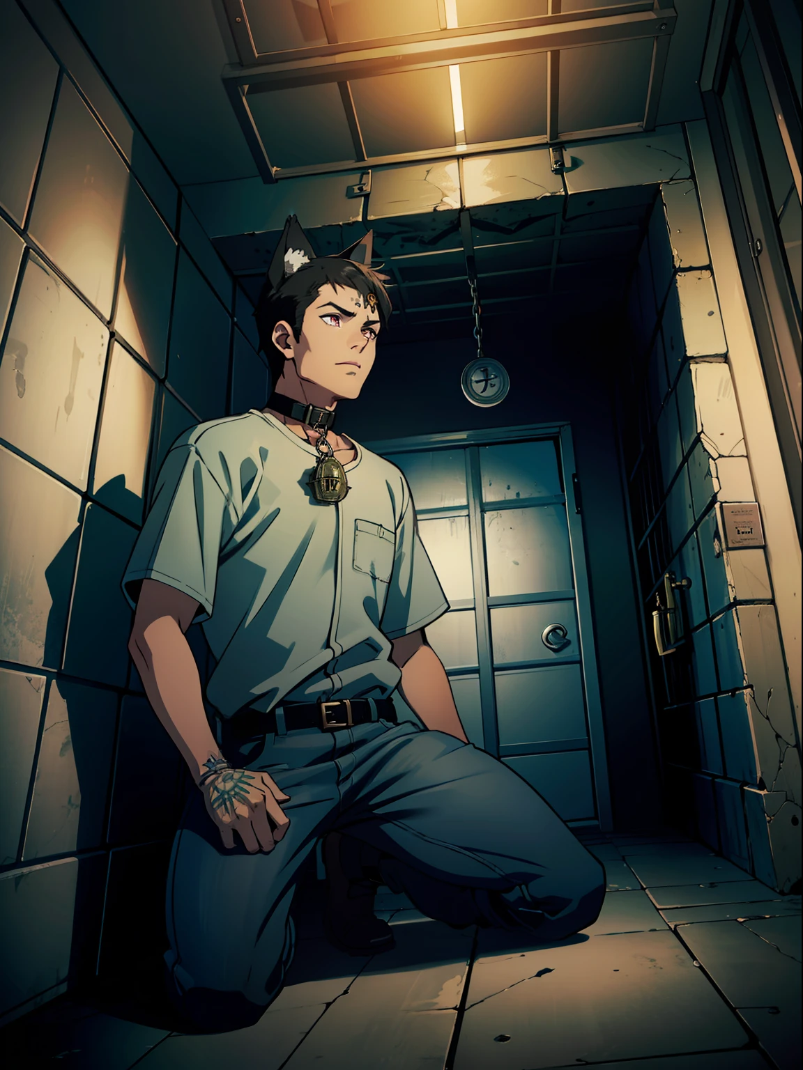 (1man), (adult wolf-guy), fullbody, animal ears, (wolf ears), animal tail, (black hair), colorful eyes, (black colored t-shirt), jeans pants, seat on knees, wearing (big metal slave collar:1.2), head down, captured, accurate, Masterpiece, High Details, high quality, high resolution, 1080p, anatomically correct, Textured skin, ((prison cell:1.7) background), dark light, dark ambient, (dark room:1.7)