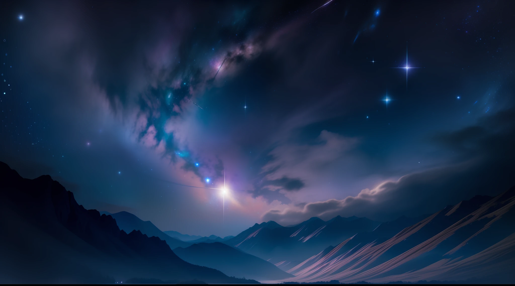 Create a relaxed image, Dark Universe. Scene of serene celestial beauty in the vastness of space, Where distant stars twinkle like guiding lights. Breathtaking nebulae and colorful galaxies inspire amazement and awe. Blend with muted tones and indigo, Deep purple, Eta、Warm sky shades that create an atmosphere of peace and tranquility.