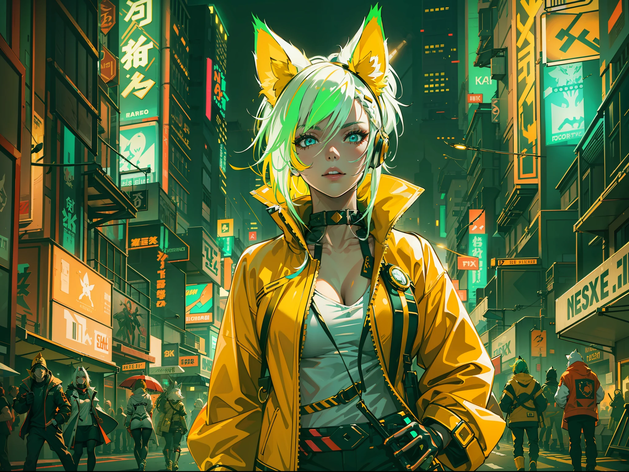 "A woman with vibrant neon yellow hair, adorned with artificial fox ears and mechanical fox tails, donning futuristic white attire accentuated with neon highlights. She is strolling amidst the bustling cyberpunk city streets."