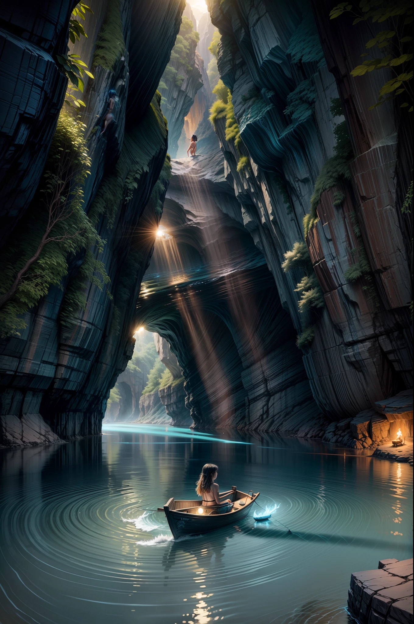 bioluminescence, river, fish, light, masterpiece, cave, rock, cliff, bathing girl, swimming girl