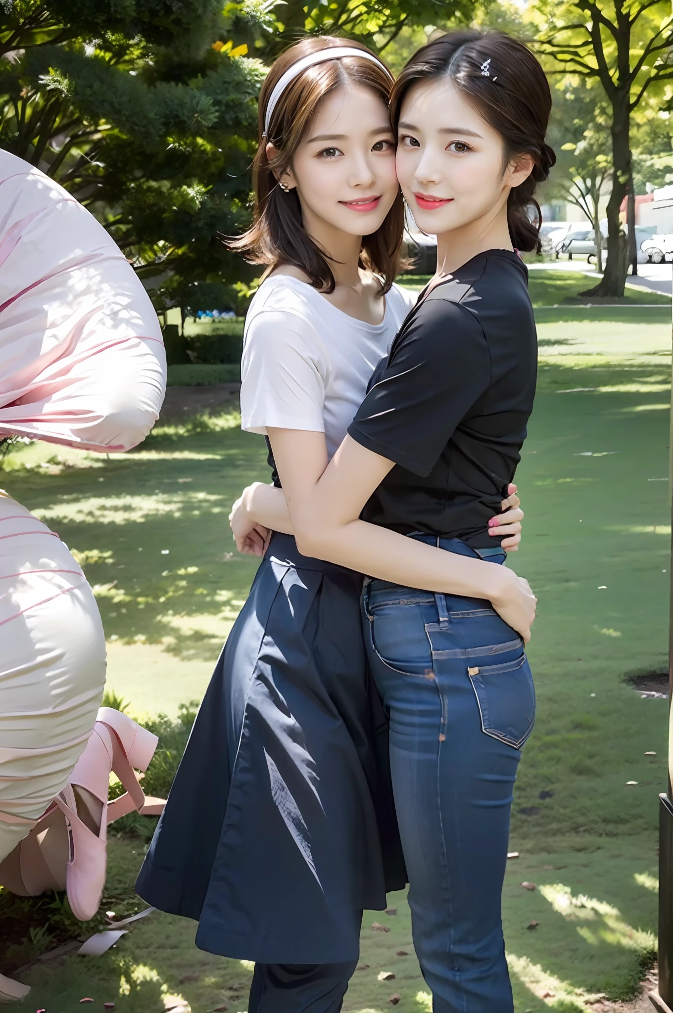 (RAW photogr,超高分辨率,tmasterpiece,best qualtiy:1.4),Complicated details,2 20 year old Korean girl,Wear a loose black T-shirt and stylish jeans,Stand on the grass and take pictures,hugs,Intimate relationships,Detailed meadow,A sweet smile on a small face,The face and skin are pink and fair,Ultra-realistic facial details,Beautiful ribbons and hair accessories,Playful and uettish pose,The calves are straight and slender:1.5,Wear high-end branded colorful travel shoes:1.5,eventide,warm color,Broad lighting,naturalshadow,Shoot from the back,Beautiful waist and hips,taking a full body photo:1.8