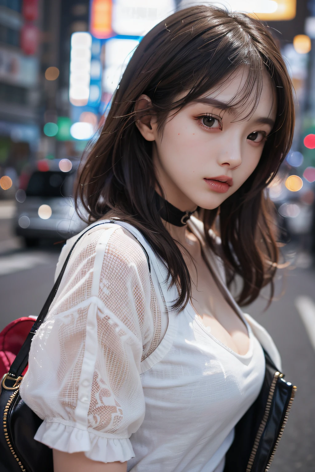 Best Quality Detail:1.2, realisitic, 8K UHD, hight resolution, 1girl in:1.2, The ultra-detailliert, High quality textures, intricate detailes, detaileds, Very detailed CG, High quality shadows, Detail Beautiful delicate face, Detail Beautiful delicate eyes, depth of fields, Ray traching, in her 20s, Pretty Kpop Girl, Korean Urzan Face:1.1, Slender face, ulzzang -6500-v1.1:0.6, pureerosface_v1, gloweyes, teak, Glossy lips, perfectbody, a choker、cleavage of the breast、 Brown hair、poneyTail:1.1, Street, Particle, look at viewr, Photorealsitic:1.4, ultra-detailliert, photos realistic, 4K 8K UHD Full Color RAW Photos, Fuji Film(Medium format:1.2), Hasselblad:1.2, Carl zeiss:1.1, Incredible dynamic range photography(UTIL_Art by Smoose-768:1.1), hight resolution, High pixel count, clear details, crisp image, Natural color reproduction, Noise Reduction, High fidelity, qulity, Software Improvements, Upscaling, Optimized algorithms, Pro-level retouching、((Shibuya, tokyo prefecture))、On the way to shopping、((Fashionable clothes with a very high design))、graphic t-shirt: Art and Logos、Graphic T-shirts printed with anime characters are trending.、Used for unique styling