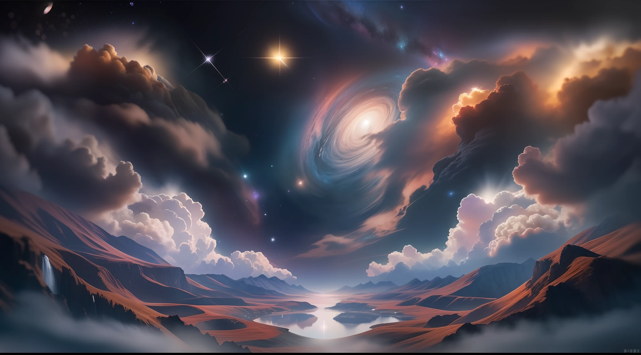 Generate space photos that brighten your mind。A quiet and serene scene full of cosmic beauty、Distant stars々In expanding outer space、Shining stars々Please draw the figure of。Breathtaking nebulae and galaxies、Arouse awe and awe、Soft, Harmonious warm colors、Create an atmosphere of peace and quiet。A place of tranquility and inspiration、The beauty of the universe brightens the heart、Express a place that brings peace to your mind
