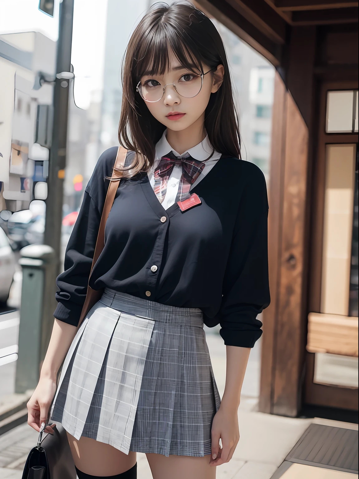 (8K、Raw photography、top-quality、masterpiece:1.2),absurderes,a small face,small tits,flat breast,Parting the bangs from the middle、Forehead visible,(Tight eyes,Bullish,skinny,Rasping,irate)、masterpiece,top-quality、超A high resolution,Raw photo,ren,Beautiful fece,One Person, 独奏,eye glass,,Dark look,Small breasts,fullllbody,Round glasses、cute little、A Japanese Lady,is standing,(Tight eyes,Bullish,skinny,Rasping,irate,small tits,flat breast)、(Photorealsitic:1.37)、Photon mapping,Light blue ribbon,Realistic、Cute little face,Brown-eyed、Black socks、(Red bow tie)、Radio City、Physically Based Rendering、Foreground、depth of fields、Blurry background、a picture,The girls、Body, Long legs, Thin leg,Semi-long,(Bangs are visible), hair, s lips, Blue_The eye, nosesoft,White shirt, Navy blue and white plaid pleated skirt, Knees are visible,Sheer clothing,, Thigh, Black cotton socks,Nogizaka Idol, 女優, Japanese ido