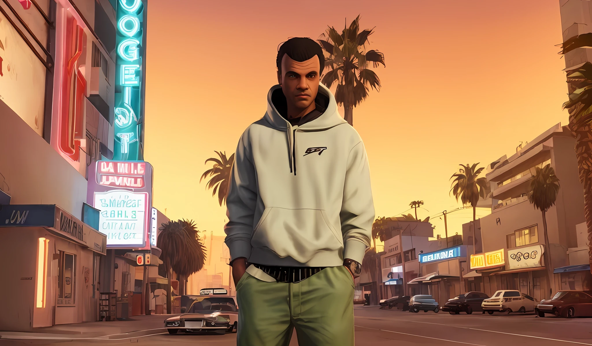 there is a street with a lot of palm trees and a neon sign, gta v loading screen art, gta loading screen art, style of gta v artworks, 2d game art gta5 cover, art gta 5 comics, rockstar games art, gta art, 2d game art gta cover, 2 d game art gta cover, gta v art