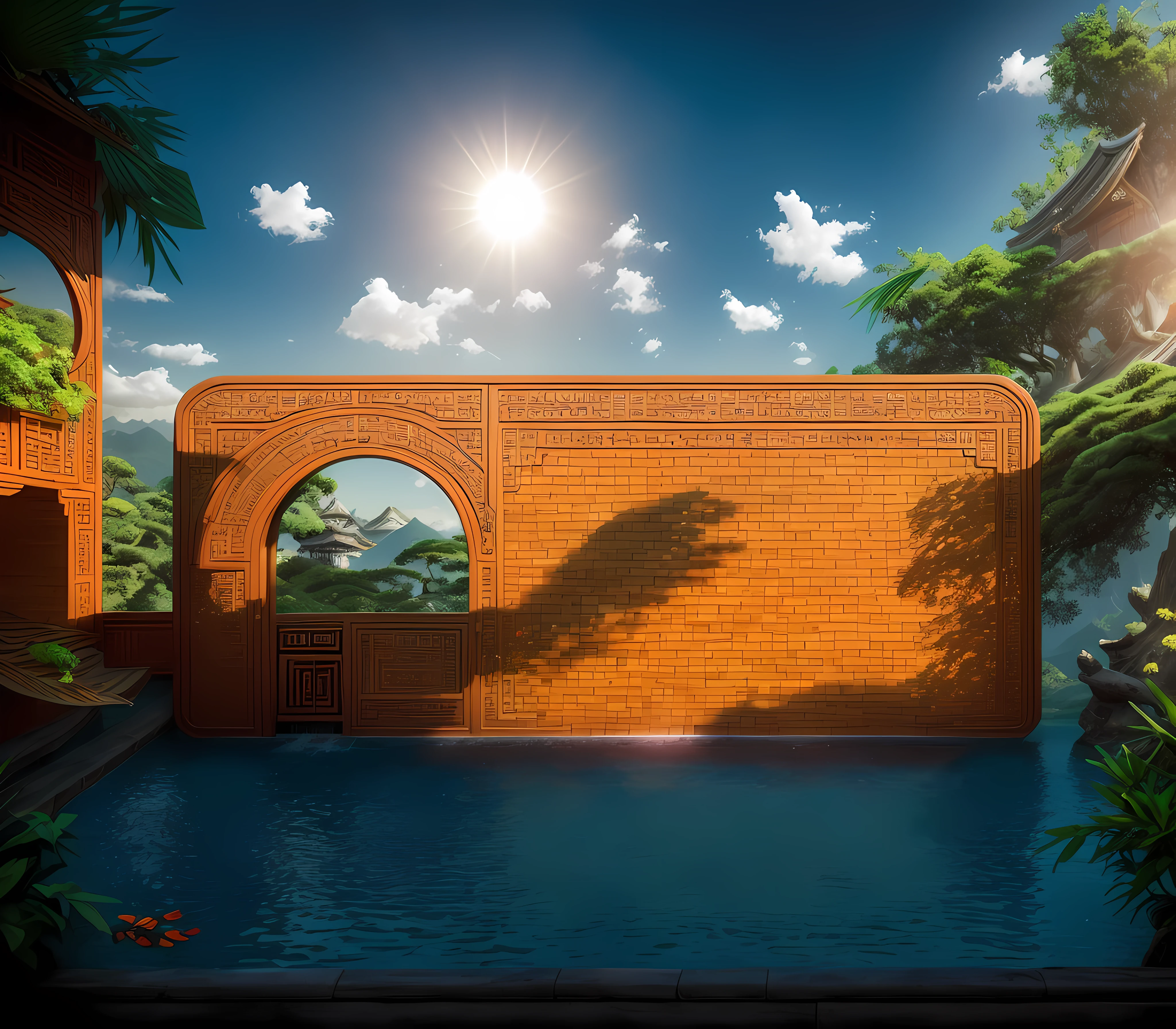 Bright scene,real rendering,(((In the daytime:1.5))),Not a night view,Best quality at best,highly detailed,tmasterpiece,ultra - detailed,Extremely detailed CG unifies 8K, 8K, Diamond, China Wall,tmasterpiece,best qualityer,Chinese martial arts style,There are water lilies,There are lanterns,Under the water,Lake surface,lotuses,The beautiful,(((Chinese martial arts style))), The sky is vast, Even the mountain cliffs, Bright ink style, Contour light, Atmospheric atmosphere, , bamboos, pines, Octagonal stone pavilion, Flying waterfalls, CG, The world of martial arts, Chinese style buildings, Eau, in a panoramic view, 8K, tmasterpiece, best qualtiy, high qulity, high detal, super detailing, A high resolution, hyper HD,Complete and unified