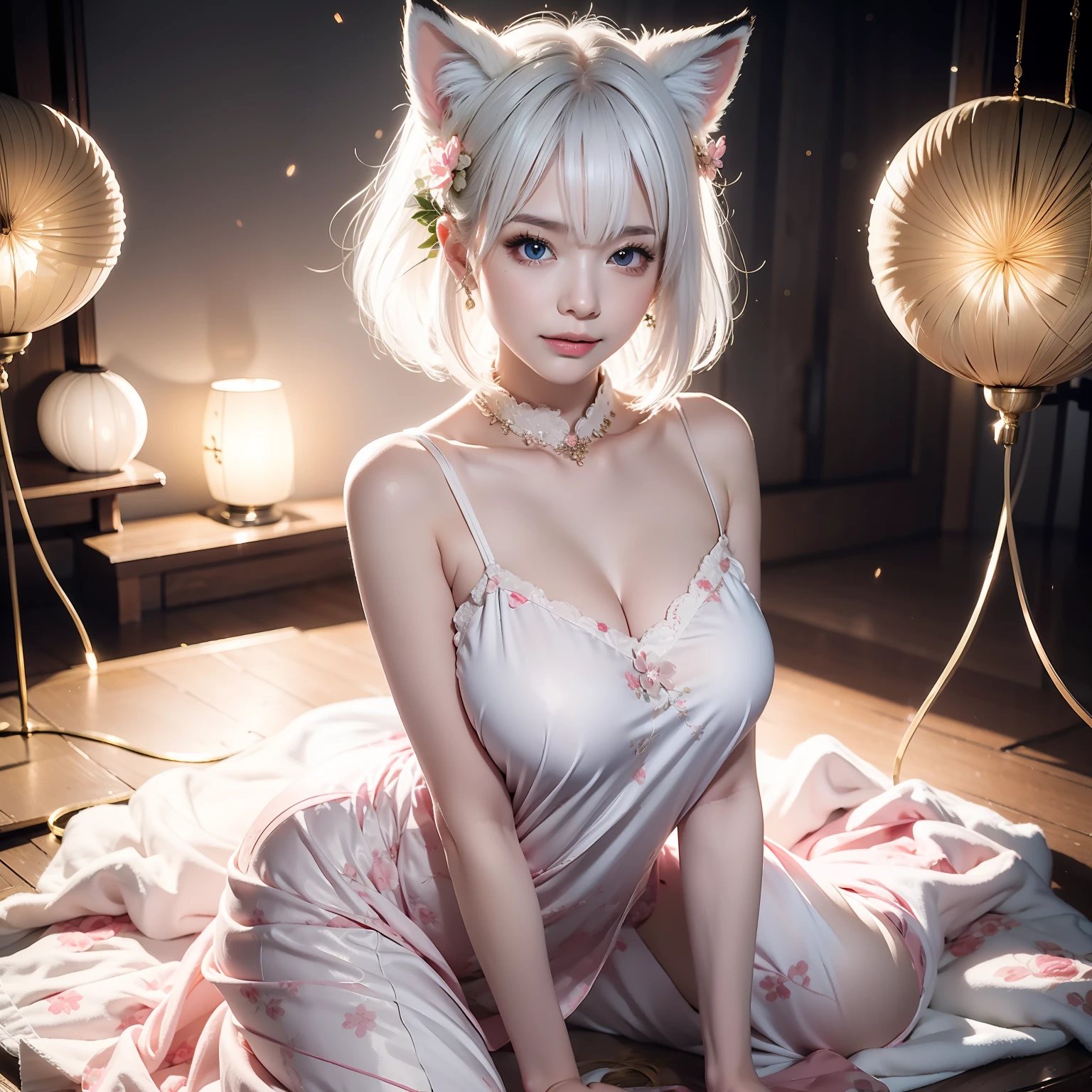 Fox ears white hair girl,Sexy and feminine,Sit Pose,fluffy fox ears,fox tails,No ears,Reddish tones,Gorgeous fireworks background,Pink floral maxi dress,A beauty with only fox ears,Hair clogs the ears,Fox girl,Fox eyes,Enchanted,Charming,16k, best qualityer, tmasterpiece, 1womanl, 独奏, mature, Raised sexy, Highly detailed face and eyes, professional make-up, ,, glow blue eyes,Fox ears white hair girl