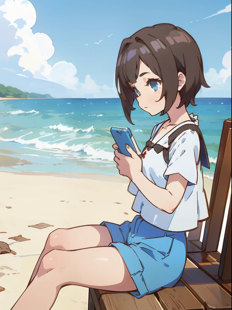 A girl with short hair sits by the sea playing with her phone，Short brown hair，White top，Blue shorts，finely detailed facial features，夏天，