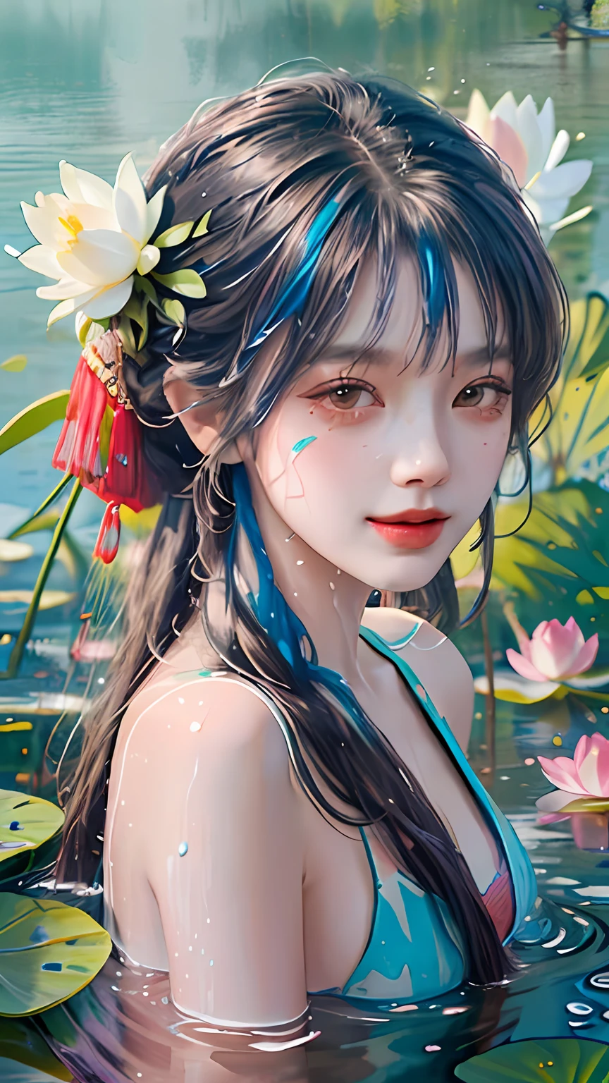 (Masterpiece, Best quality, high resolution), Lotus background, ((paint splatter, colored splashing, Splash of Ink, colored splashing)), ((Sweet Chinese girl, Rainbow hair)), Pink lips, Front, Upper body,Lotus in the background, Lotus flowers in water,ssmile