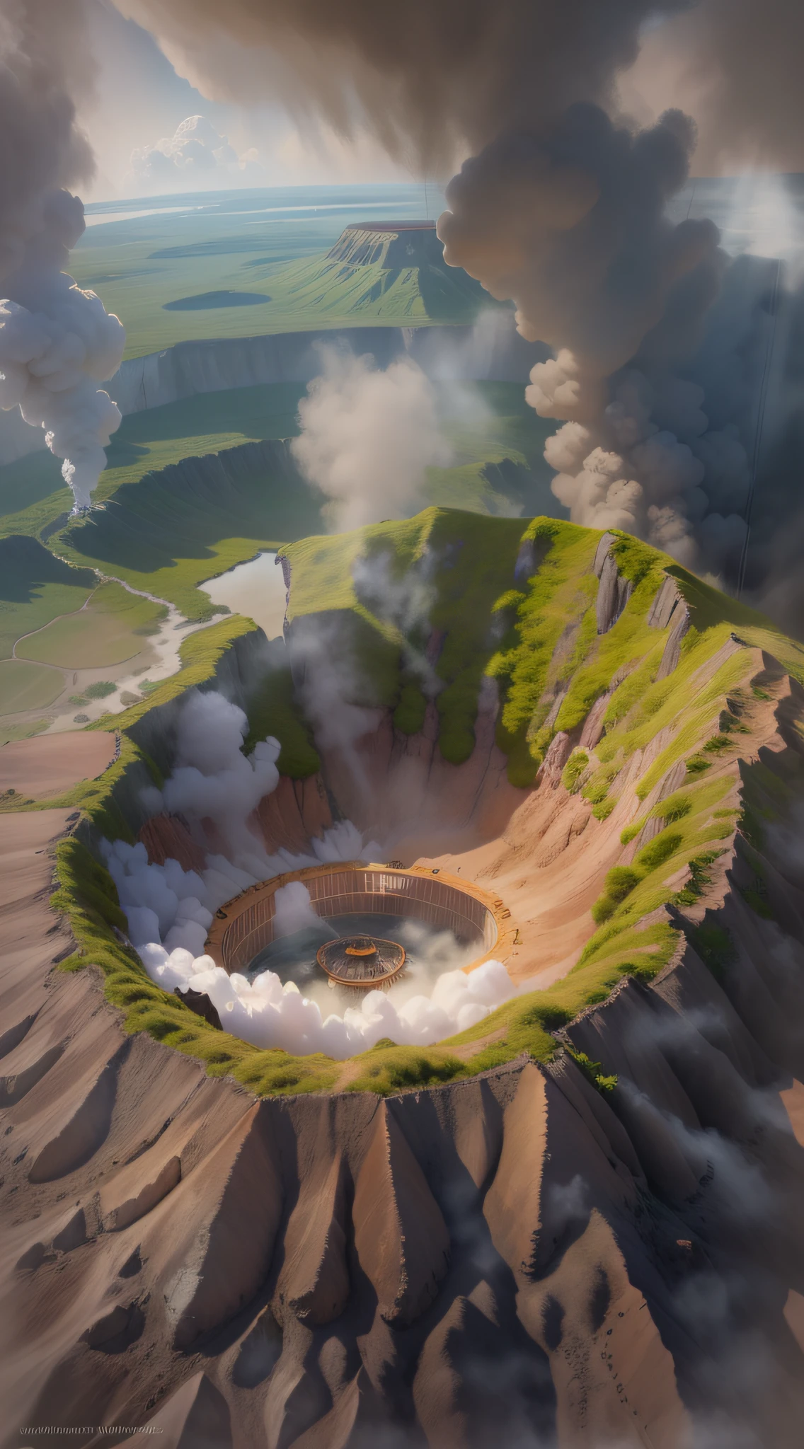 An imminent eruption,Crater is a steaming card-ventilated crater scene
