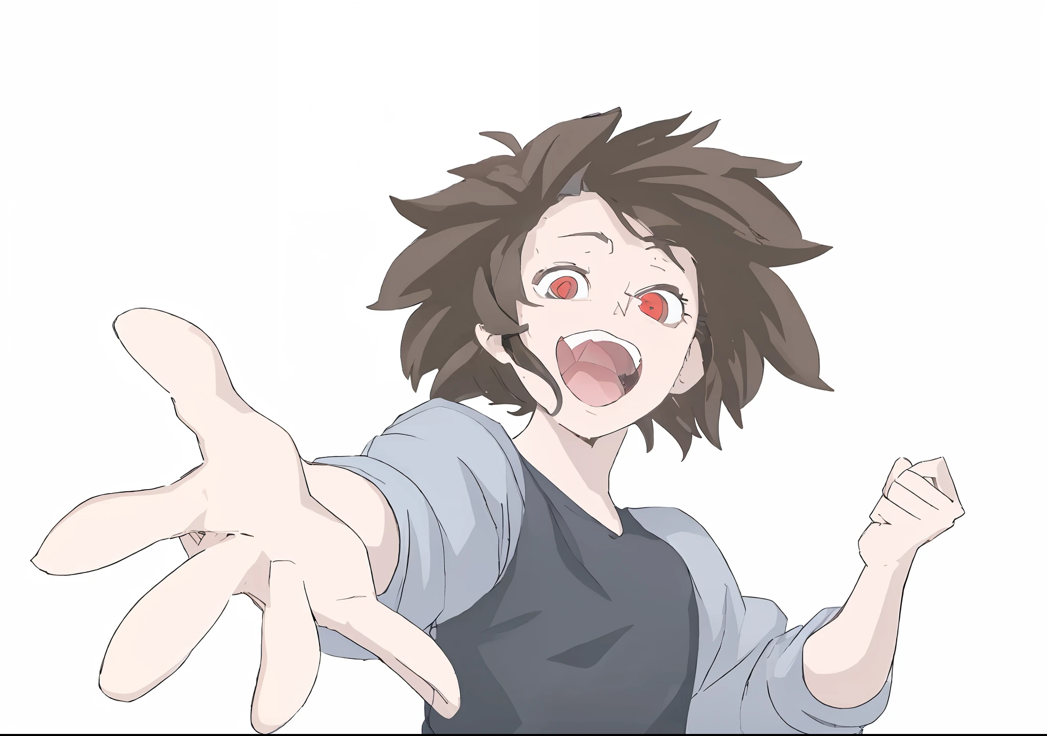 masterpiece、best qualtiy、1 week、Beautiful hair(1.5)、red eyes、Beautiful eyes、Anime character with open mouth and hands raised、Stick out your hand、young anime girl、excited expressions、