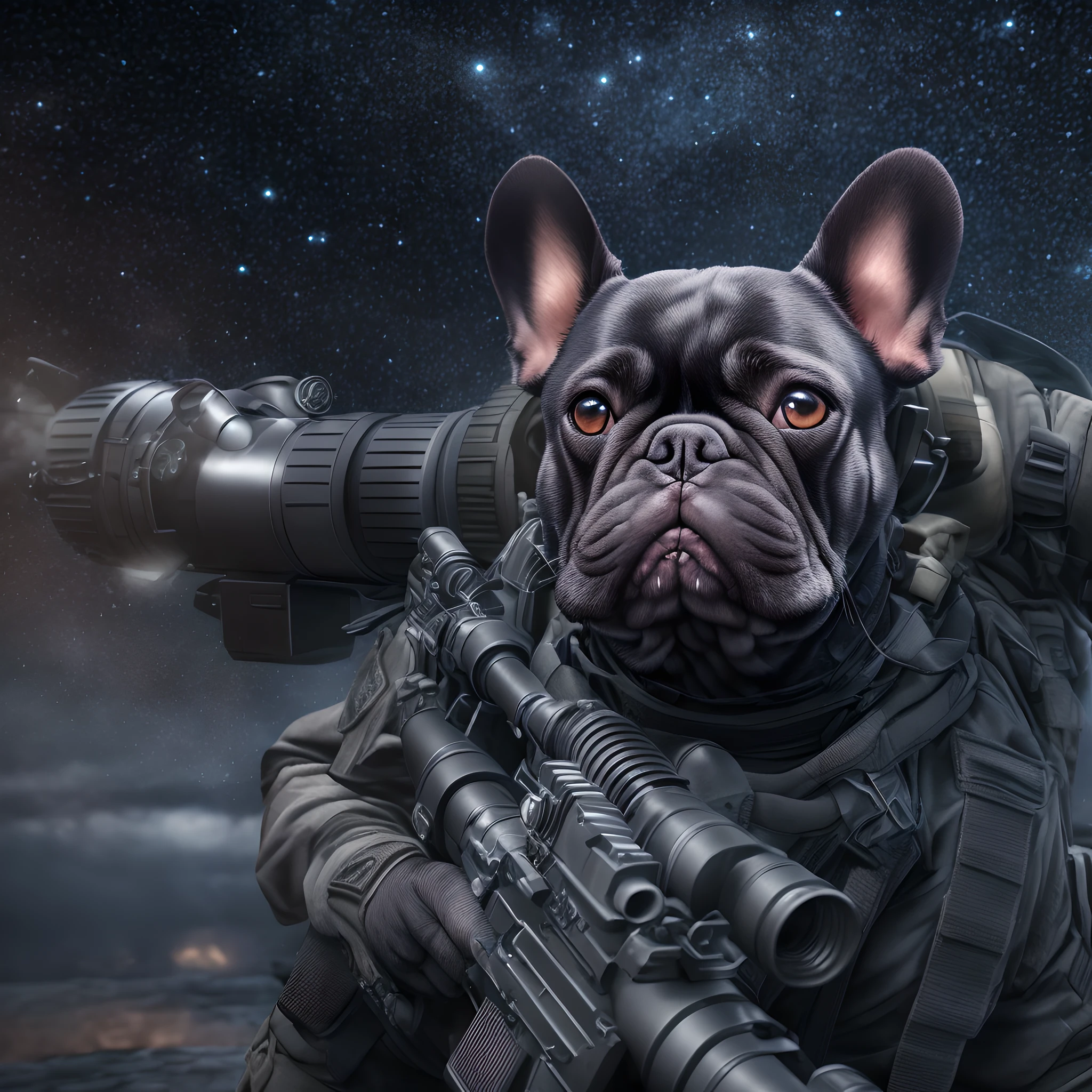 Keeping the French Bulldog Face, High Quality Special Forces Black Suit, (High detail sniper rifle), High-detail war backgrounds, Stereoscopic effect, 3d rendered, (Best Illustration), (super detailed CG), digital painting, Milky Way Eye, ultra-definition, --IOS 120, Meticulous wording, HDR, extremely high details, unreal-engine, rich colors, Octane rendering, 8k, The ultra-Highres, Distinct background