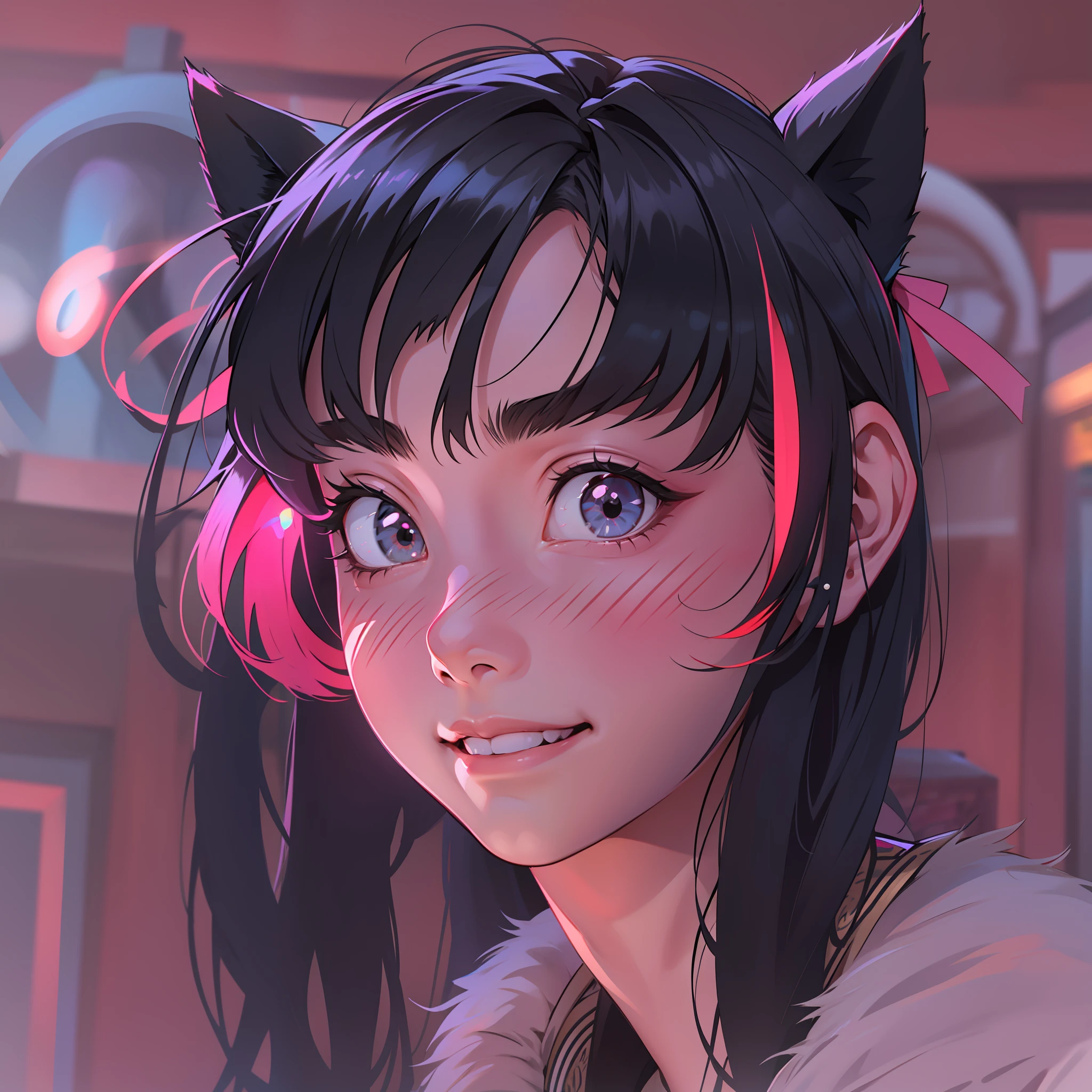 black hair, hair bobbles, wince, longeyelashes, solid circle eyes, fake animal ears, light smile, ear blush, fang, Surrealism, drop shadow, anaglyph, stereogram, tachi-e, pov, atmospheric perspective, 8k, super detail, ccurate, best quality