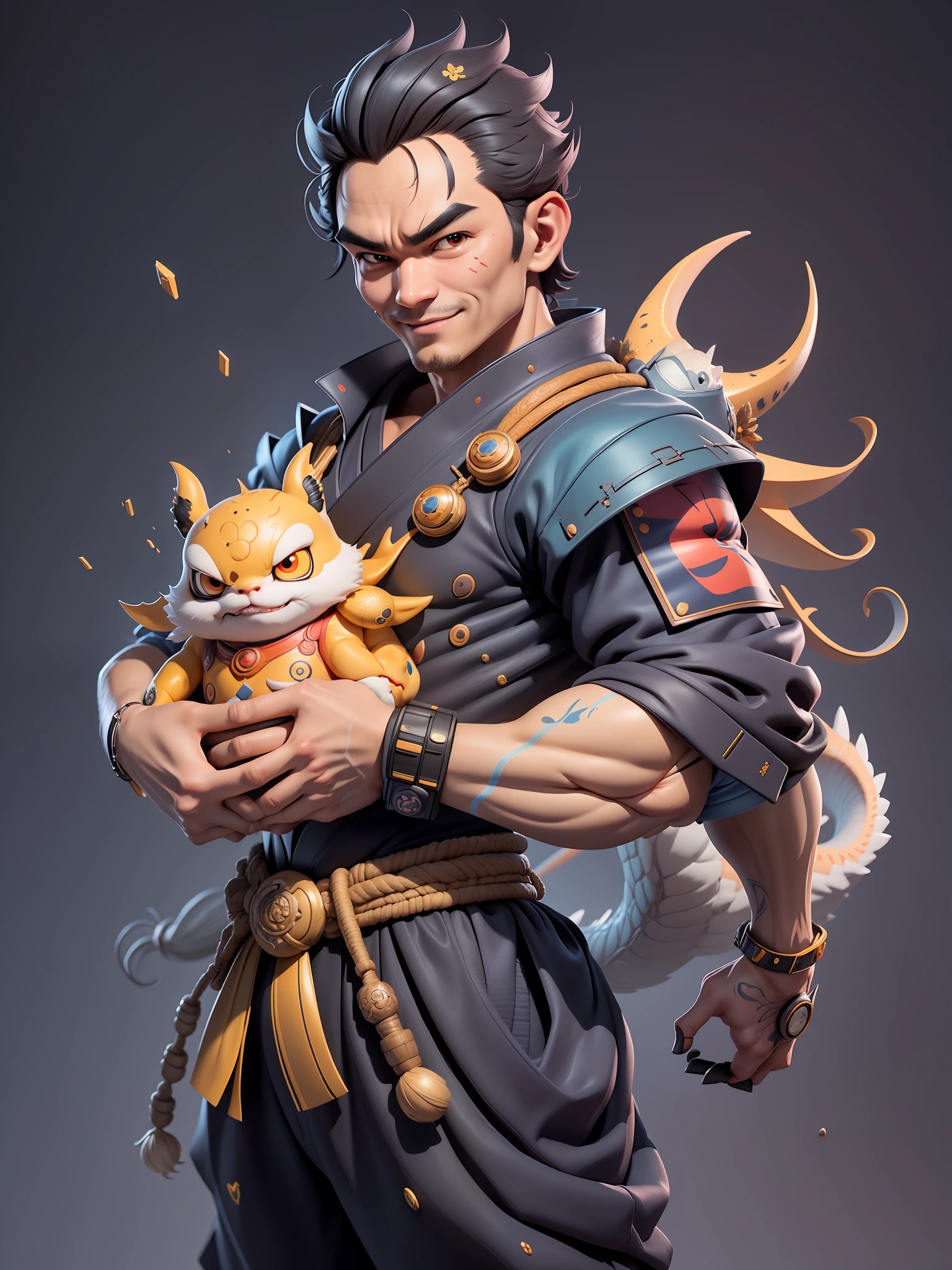 (Daisaku),(Need),(Super meticulous),(full bodyesbian:1.2),Super young man with Japanese geisha,Beautiful,Oriental dragon,Aeolian Thor,Raised sexy,爆乳,Oriental face,TV Anchor,Bust portrait illustration,In black suit,a blue tie,The face is slightly chubby,The face was clean,without a beard,Black super short hair,Black eyes,Smile confidently,3C computer sub-products,iPad, iphone,Digital painting,3D character design by Mark Clairen and Pixar and Hayao Miyazaki and Akira Toriyama,The illustration is a high-definition illustration in 4K resolution,With very detailed facial features and cartoon-style visuals。