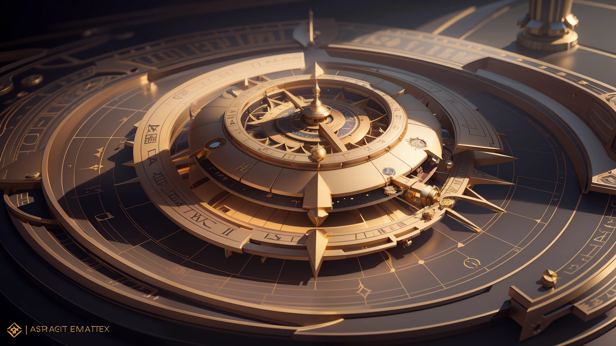 Astrolabe Gorgeous gold-plated compass Sophisticated mechanism Solar System Instruments Mechanical Disk Gorgeous Hands Global Illumination 4D Cinematic Rendering Flat on Table Rendering Trends on ArtStation 3 Crazy Detail Octane Rendering, greg rutkovsky. rendering by octane, 8 K high detail concept art, amazing octane render