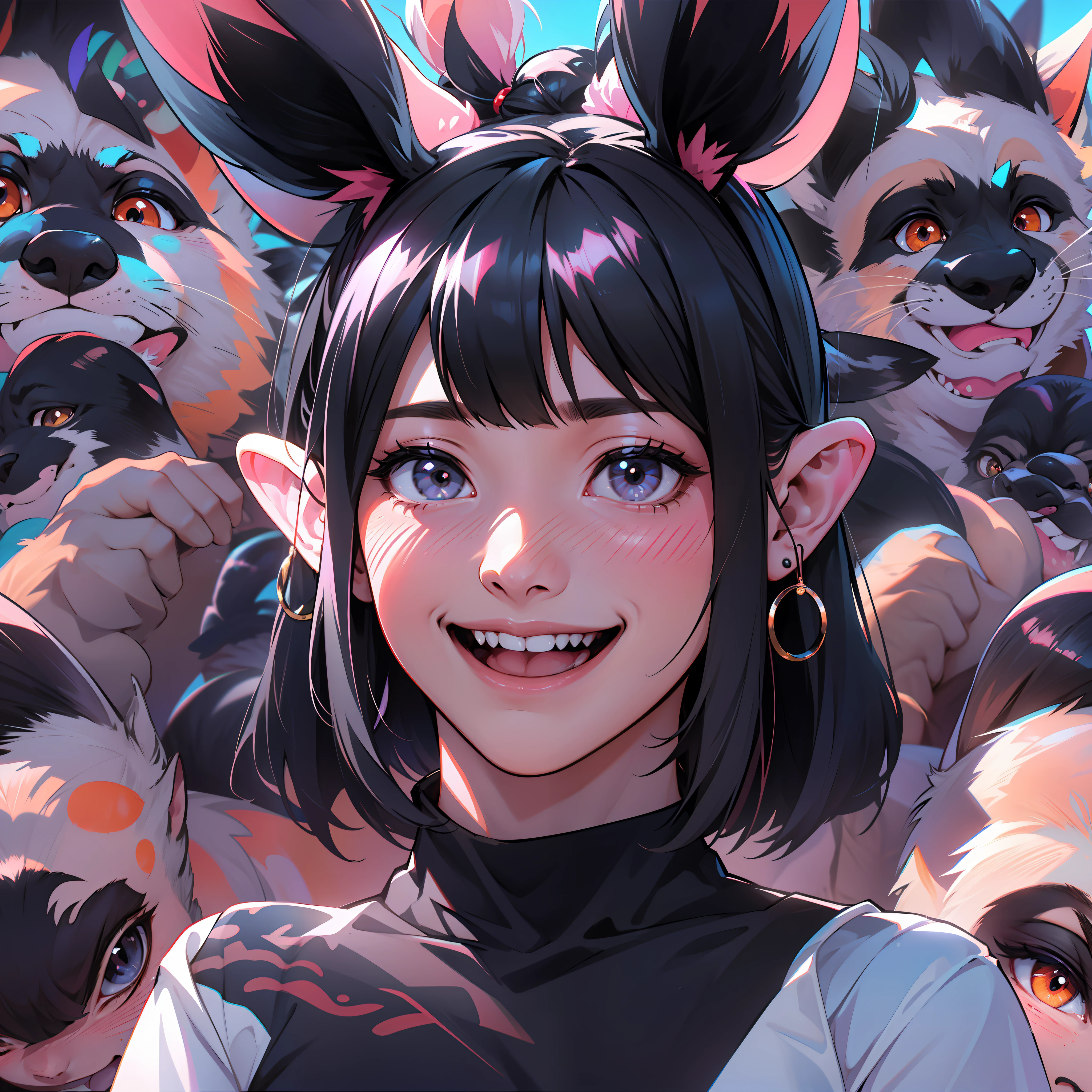 black hair, hair bobbles, wince, longeyelashes, solid circle eyes, fake animal ears, light smile, ear blush, fang, Surrealism, drop shadow, anaglyph, stereogram, tachi-e, pov, atmospheric perspective, 8k, super detail, ccurate, best quality