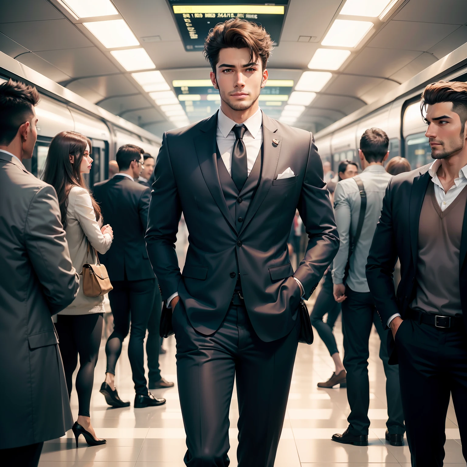 The handsome guy at the high-speed rail station is about to get on the train