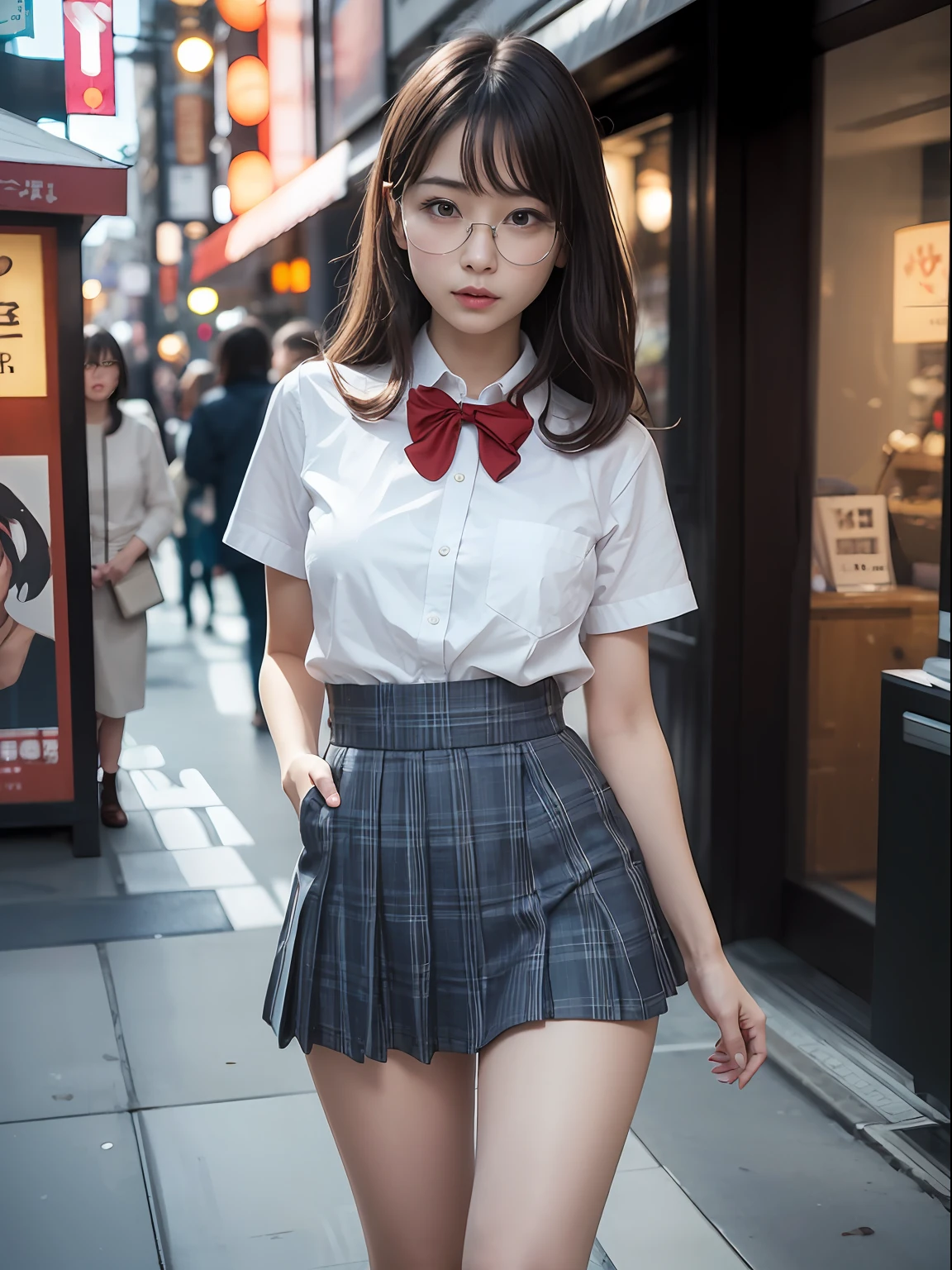(8K、Raw photography、top-quality、masterpiece:1.2),absurderes,a small face,small tits,flat breast,Parting the bangs from the middle、Forehead visible,(Tight eyes,Bullish,skinny,Rasping,irate)、masterpiece,top-quality、超A high resolution,Raw photo,ren,Beautiful fece,One Person, 独奏,eye glass,,Dark look,Small breasts,fullllbody,Round glasses、cute little、A Japanese Lady,is standing,(Tight eyes,Bullish,skinny,Rasping,irate,small tits,flat breast)、(Photorealsitic:1.37)、Photon mapping,Light blue ribbon,Realistic、Cute little face,Brown-eyed、Black socks、(Red bow tie)、Radio City、Physically Based Rendering、Foreground、depth of fields、Blurry background、a picture,The girls、Body, Long legs, Thin leg,Semi-long,(Bangs are visible), hair, s lips, Blue_The eye, nosesoft,White shirt, Navy blue and white plaid pleated skirt, Knees are visible,Sheer clothing,, Thigh, Black cotton socks,Nogizaka Idol, 女優, Japanese ido