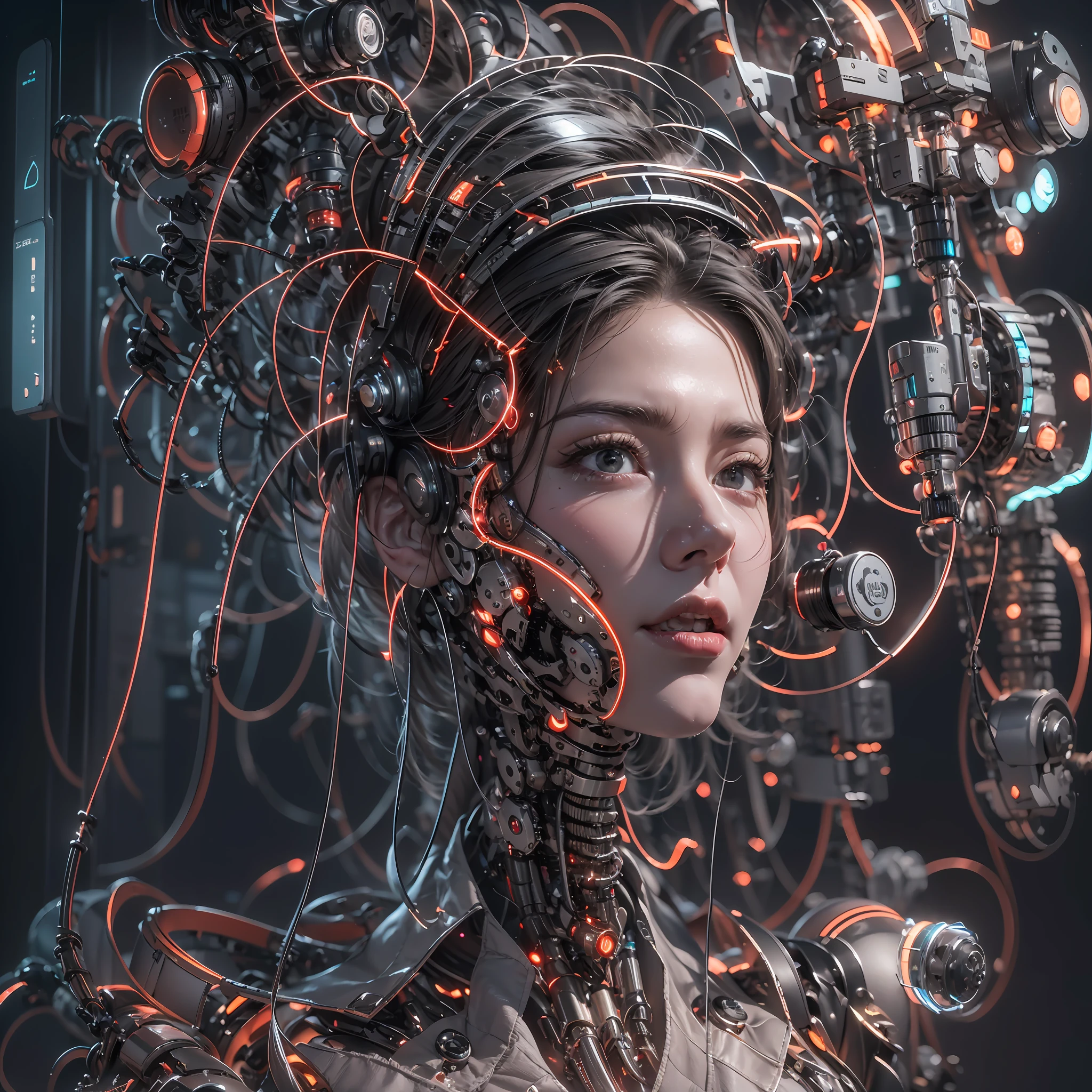 best qualtiy, tmasterpiece, Ultra-high resolution, Rendered with camera-like realism, Inspired by real photos,(((( A mechanical girl)))),((Perfect facial features,delicated face)), highly realistically detailed, Panoramic lighting effects, Fine and accurate shading representation, rendering by octane, 8K分辨率, Reveal vivid skin details, Representation of metallic materials, Depicting vacuum tubes、Liquid tubes、oil pressure gauges、glass tubes、Simulate details such as meters, Highlight the details and movement of gears, The performance of gold hydraulic cylinders, realism light effect, Face the audience's gaze, Depict neon details in detail, Mechanized body parts, The blood vessels connected to the catheter, The mechanized spine is attached to the back, Mechanical attachment attached to the neck, Present a sitting position,Depict the wires and cables connected to the head,
