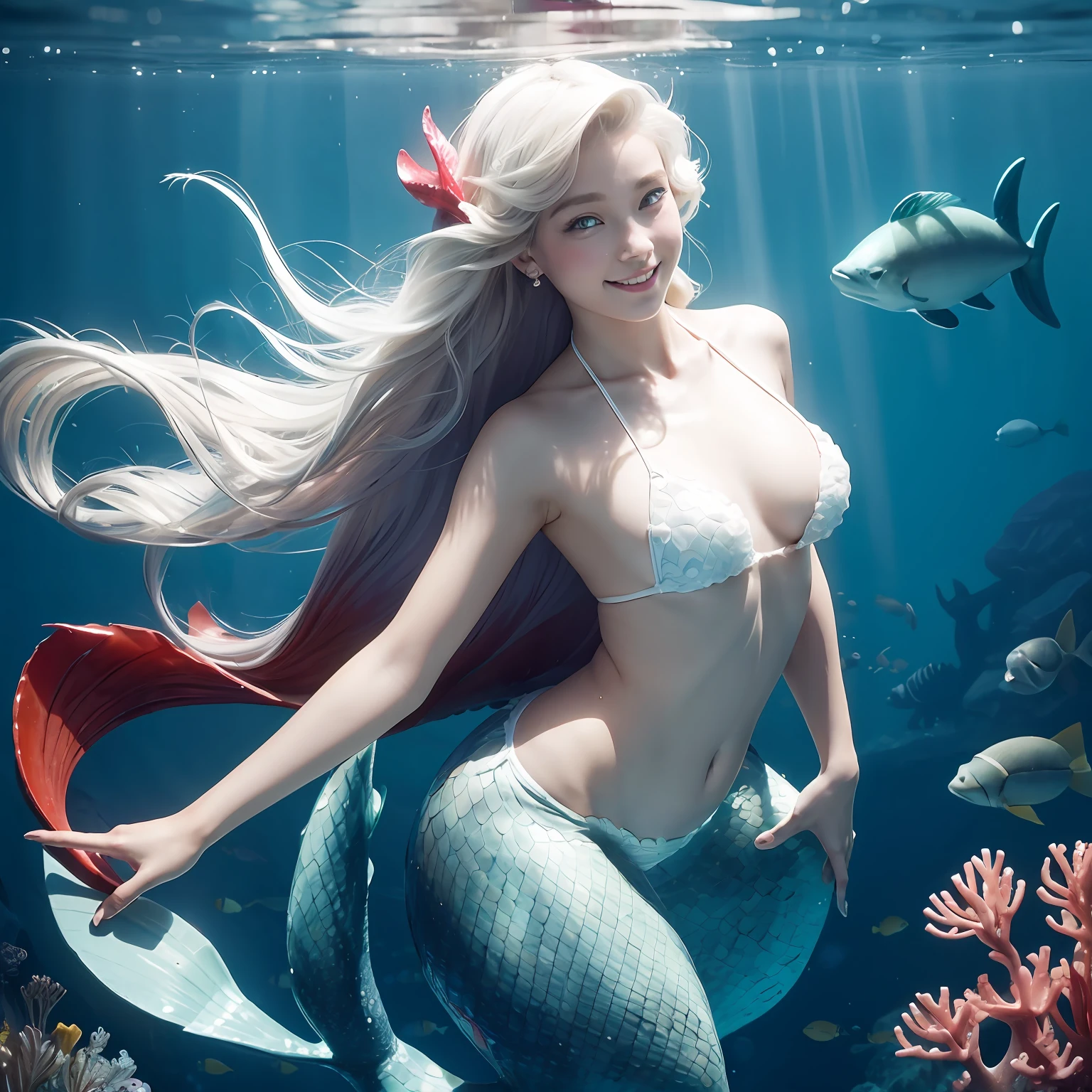 Big Tits, Colossal tits, slim figure, femele, Light blue super long hair, (((Little Mermaid))), A smile, (((under deep sea))), low angles, Sunlight shines in, Hair swaying in the water, a ,realskin, fish flocks, masutepiece, in 8K, Beautiful, realisitic, (((White Micro Bikini)))