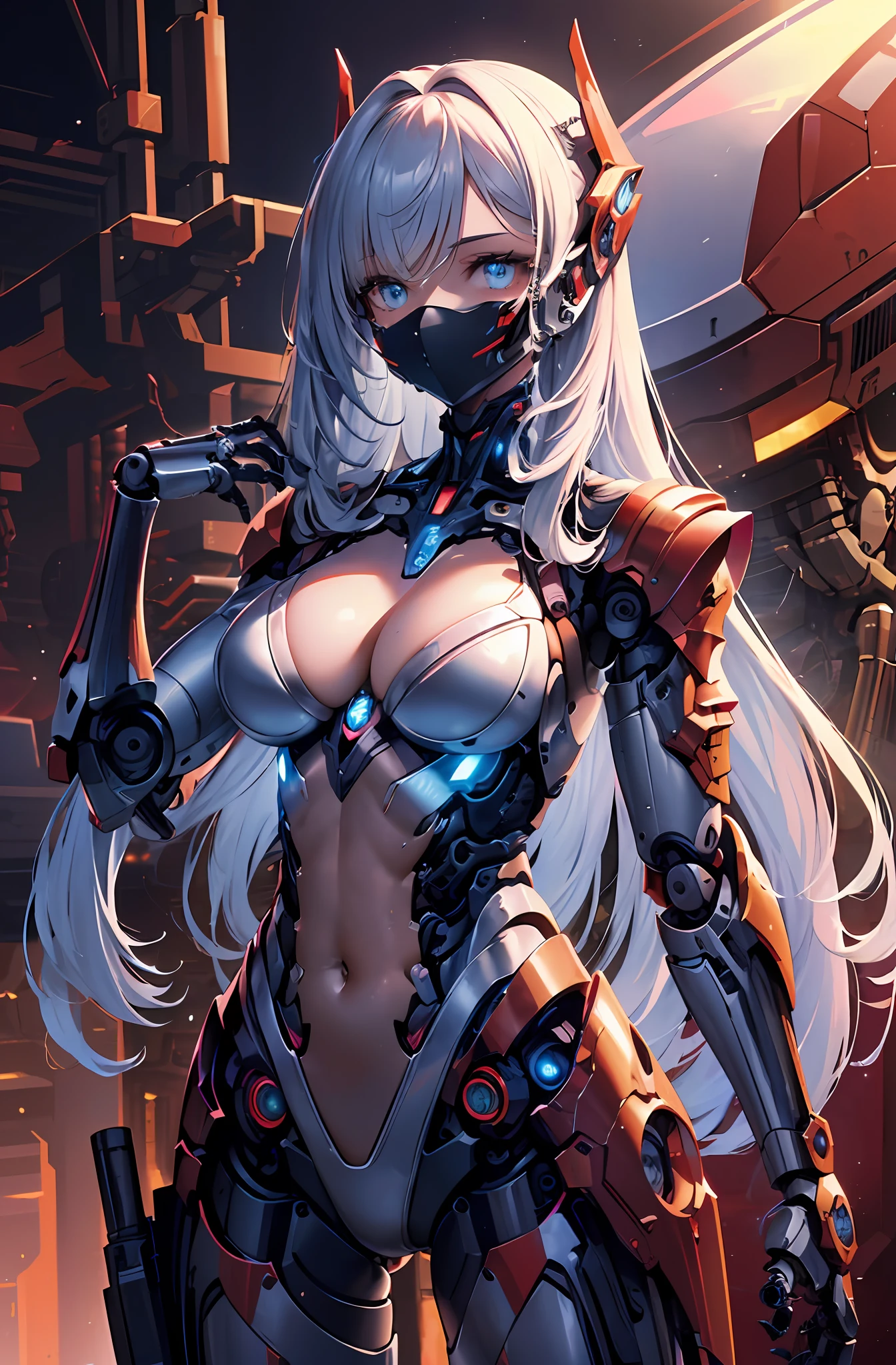 Top quality, super detailed, Super detailed details, fine detail, incredibly beautiful, robot, beautifully detailed eyes, (feminine machine body), (machine joints, machine limbs:1.3), mechanical skin, (Machine internal structure exposure:1.2), (red long hair), (mechanical bikini armor), cowboy_shot, side focus, shiny, (cyber tech punk mask), cyber punk,