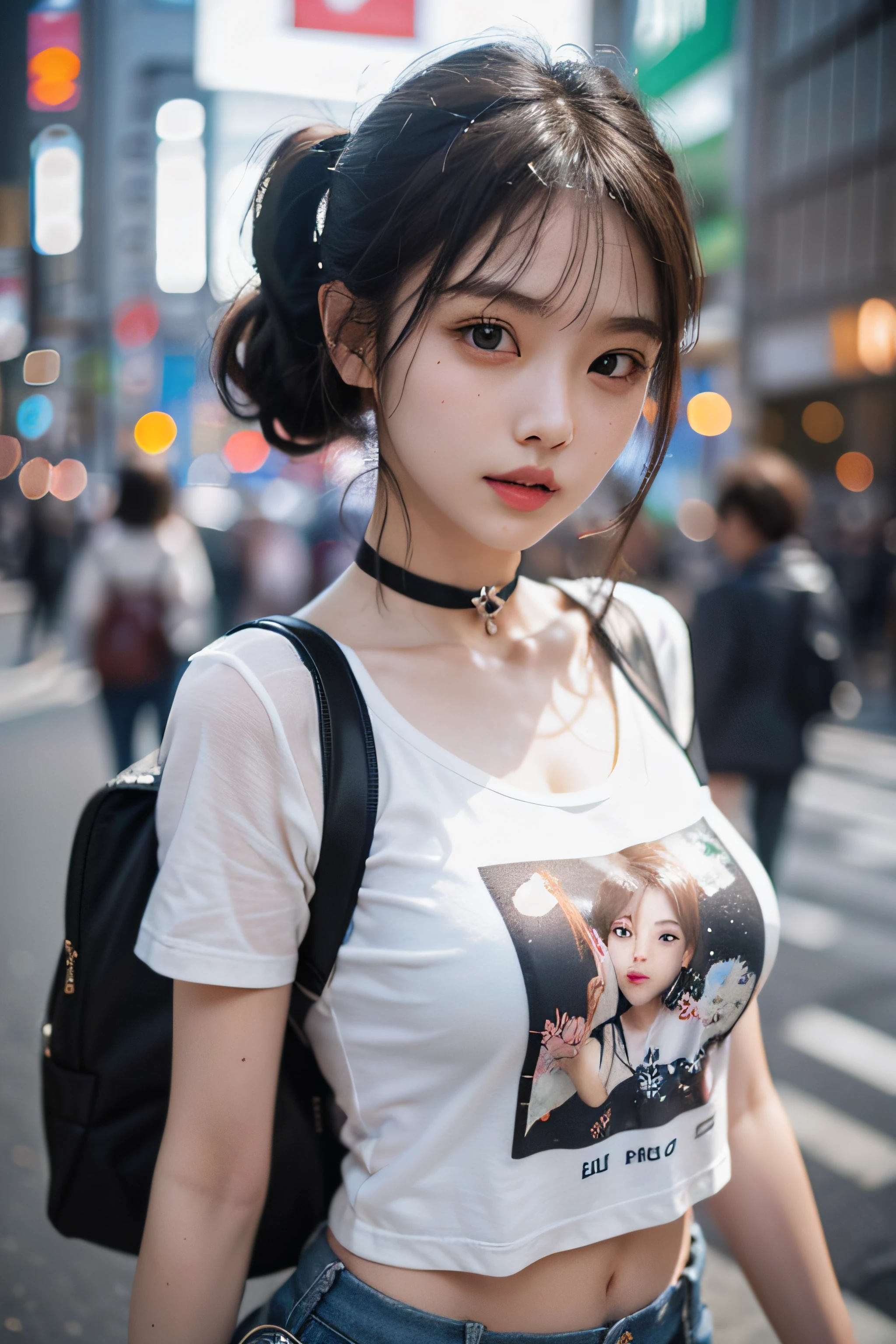 Best Quality Detail:1.2, realisitic, 8K UHD, hight resolution, 1girl in:1.2, The ultra-detailliert, High quality textures, intricate detailes, detaileds, Very detailed CG, High quality shadows, Detail Beautiful delicate face, Detail Beautiful delicate eyes, depth of fields, Ray traching, in her 20s, Pretty Kpop Girl, Korean Urzan Face:1.1, Slender face, ulzzang -6500-v1.1:0.6, pureerosface_v1, gloweyes, teak, Glossy lips, perfectbody, a choker、cleavage of the breast、 Brown hair、poneyTail:1.1, Street, Particle, look at viewr, Photorealsitic:1.4, ultra-detailliert, photos realistic, 4K 8K UHD Full Color RAW Photos, Fuji Film(Medium format:1.2), Hasselblad:1.2, Carl zeiss:1.1, Incredible dynamic range photography(UTIL_Art by Smoose-768:1.1), hight resolution, High pixel count, clear details, crisp image, Natural color reproduction, Noise Reduction, High fidelity, qulity, Software Improvements, Upscaling, Optimized algorithms, Pro-level retouching、((Shibuya, tokyo prefecture))、On the way to shopping、((Fashionable clothes with a very high design))、graphic t-shirt: Art and Logos、Graphic T-shirts printed with anime characters are trending.、Used for unique styling