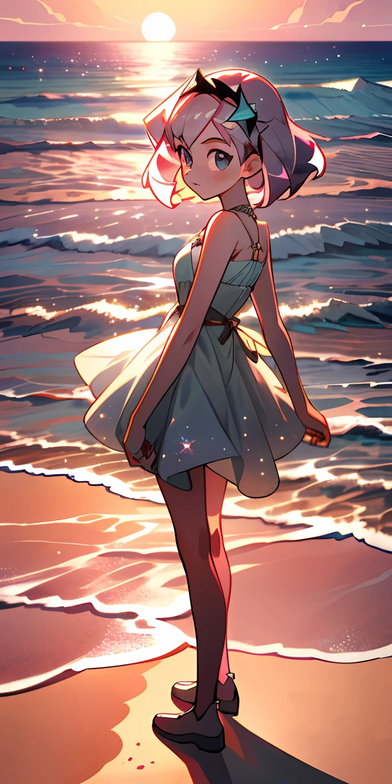 (Best quality at best,tmasterpiece),1girl,galaxias,evening light,shift dresses,ventania,sandbeach,The upper part of the body,Pink sand,looking at viewert,Silver-haired girl