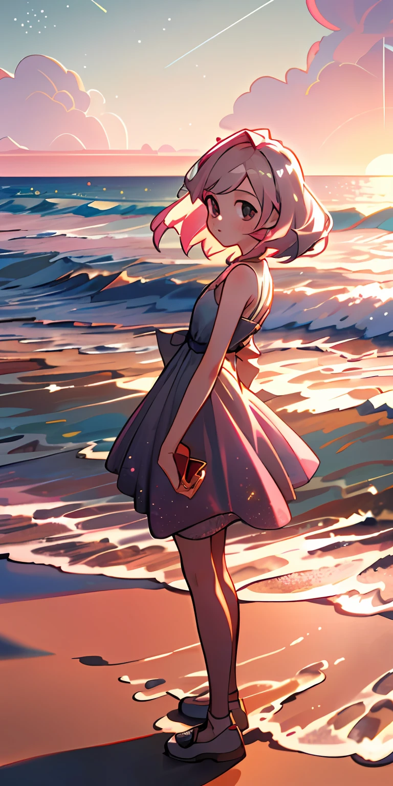 (Best quality at best,tmasterpiece),1girl,galaxias,evening light,shift dresses,ventania,sandbeach,The upper part of the body,Pink sand,looking at viewert,Silver-haired girl