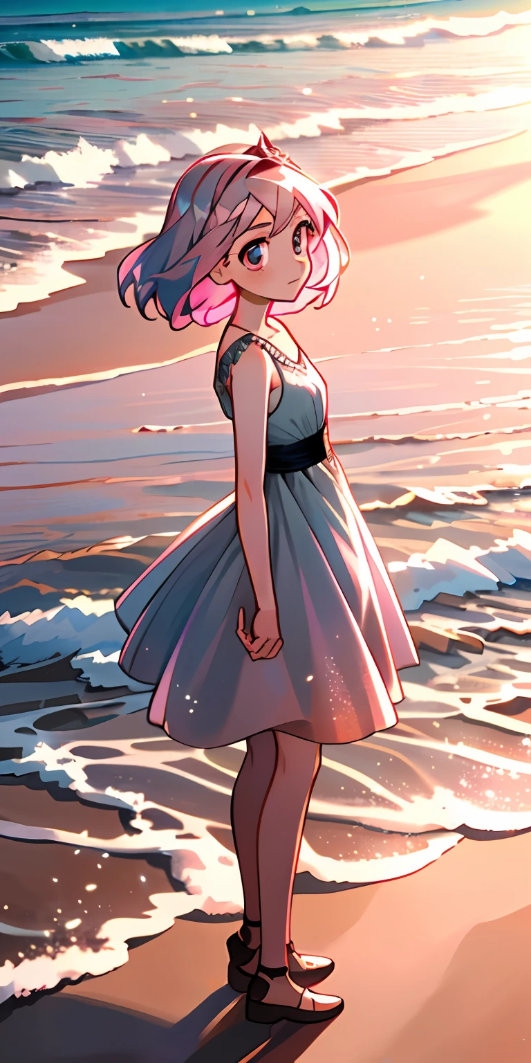 (Best quality at best,tmasterpiece),1girl,galaxias,evening light,shift dresses,ventania,sandbeach,The upper part of the body,Pink sand,looking at viewert,Silver-haired girl
