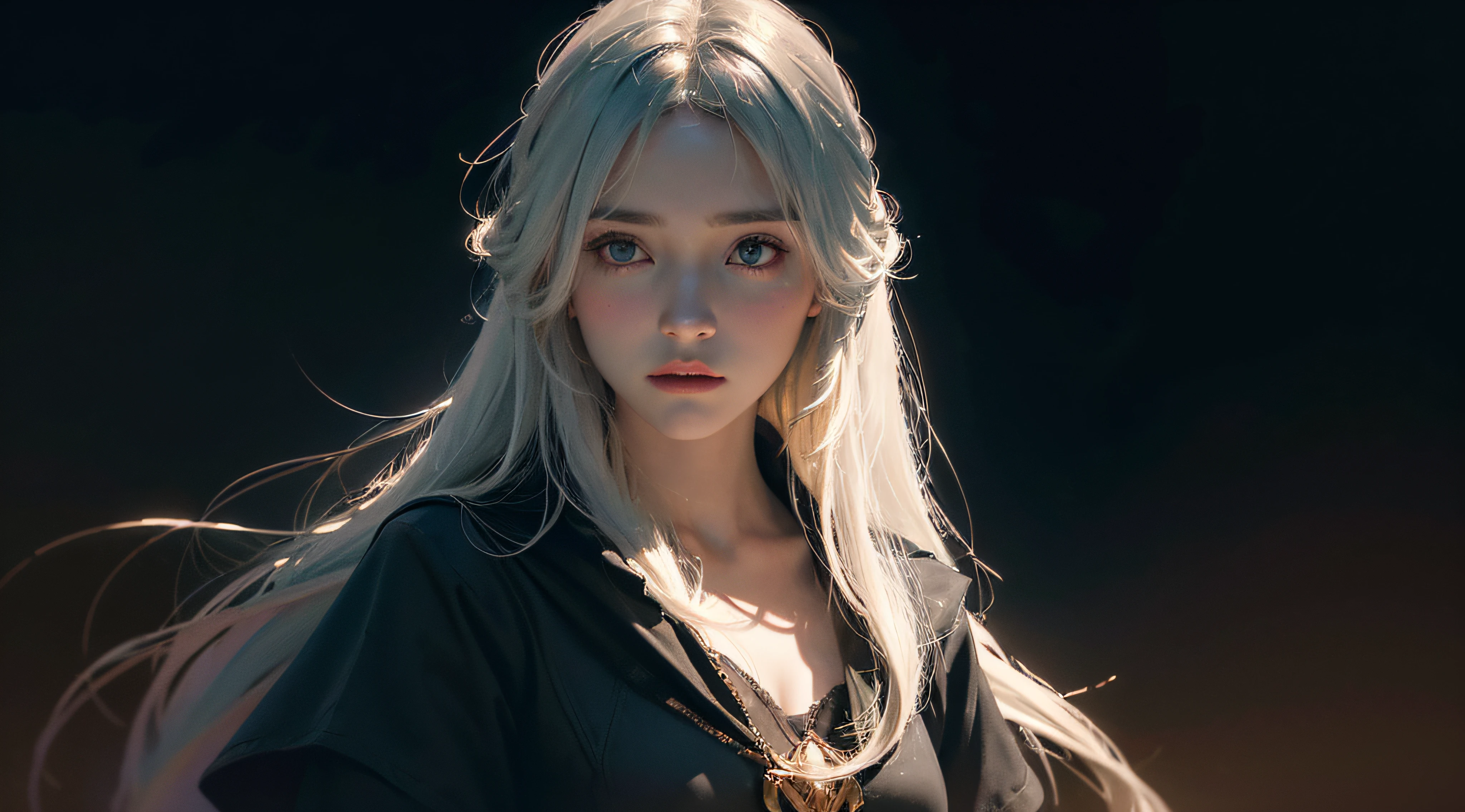 (front focus), (in the dark:1.6), Hyperrealist portrait of female by david hockney and alphonse mucha, fantasy art, photo realistic, dynamic lighting, artstation, poster, volumetric lighting, very detailed faces, 4 k, award winning, 1girl, in the dark, deep shadow, low key, cowboy shot, (official clothing:1.4), long hair, white hair