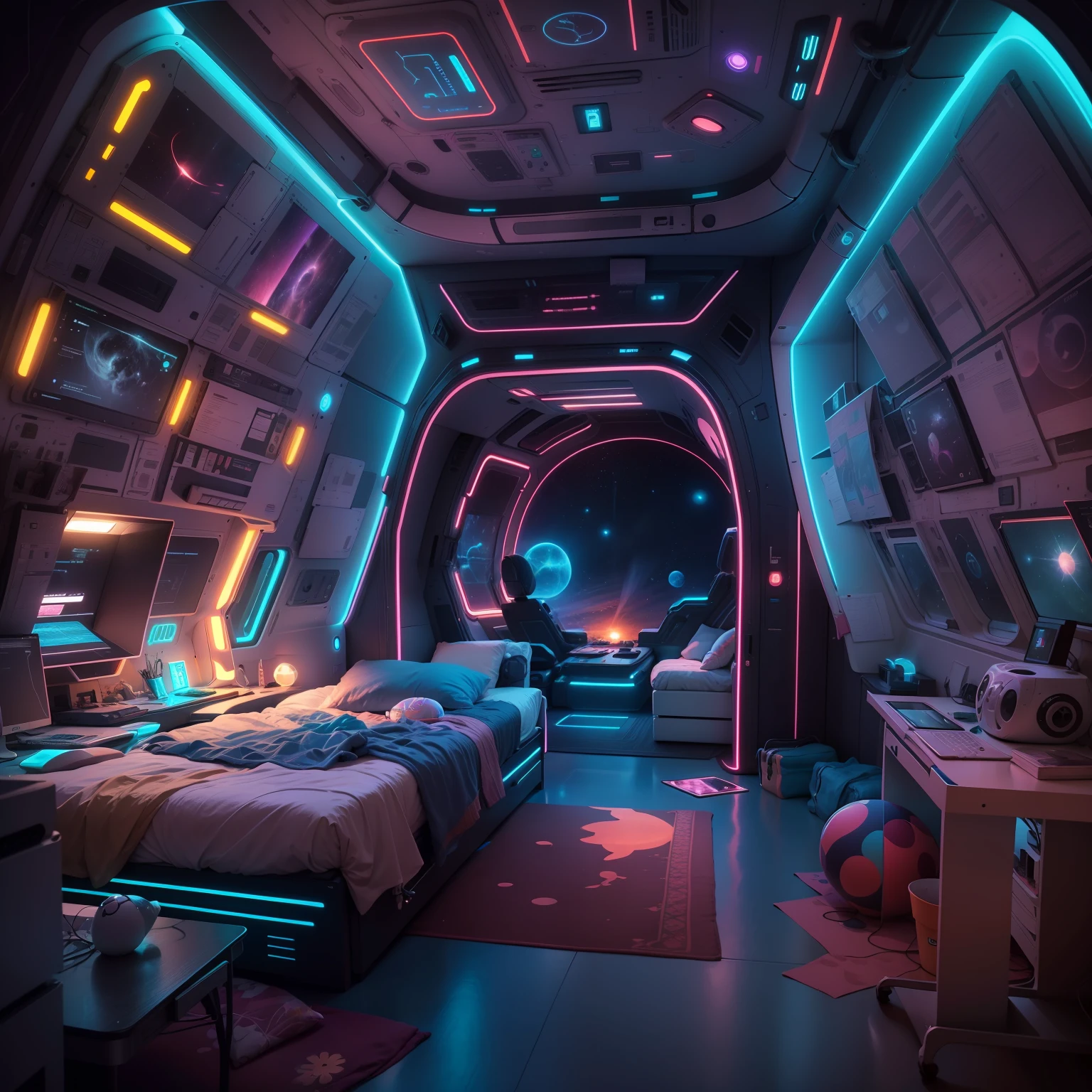 A vibrant bioluminescence colorful glow lit ((space ship escape pod bedroom)), with a highly detailed cozy and colorful space theme hacker-core aesthetic high tech closable door system visible, computer screens, fold out work desks inside the escape pod, hanging sleep sack station in place of bed, illuminated by the soft glow of a few scattered stars through port hole, spherical egg shape design, high contrast lighting 24k image resolution.