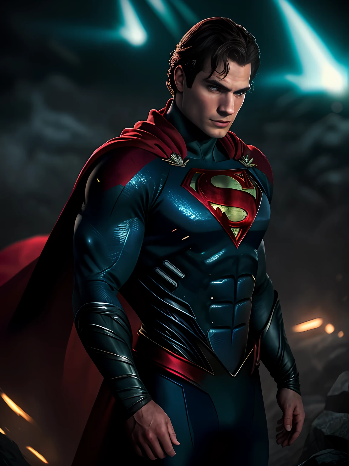 1 man, solo, Henry Cavill as Superman, 40s year old, all blue and red details suit, bare hands, big red S symbol on the chest, red cape, strain of hair covering forehead, short cut hair, tidy hair, tall, manly, hunk body, muscular, wide shoulder, straight face, black hair, best quality, high resolution:1.2, masterpiece, photorealism, dark background, detailed suit, detailed face, upper body shot, crossed arms, runic scene in the background