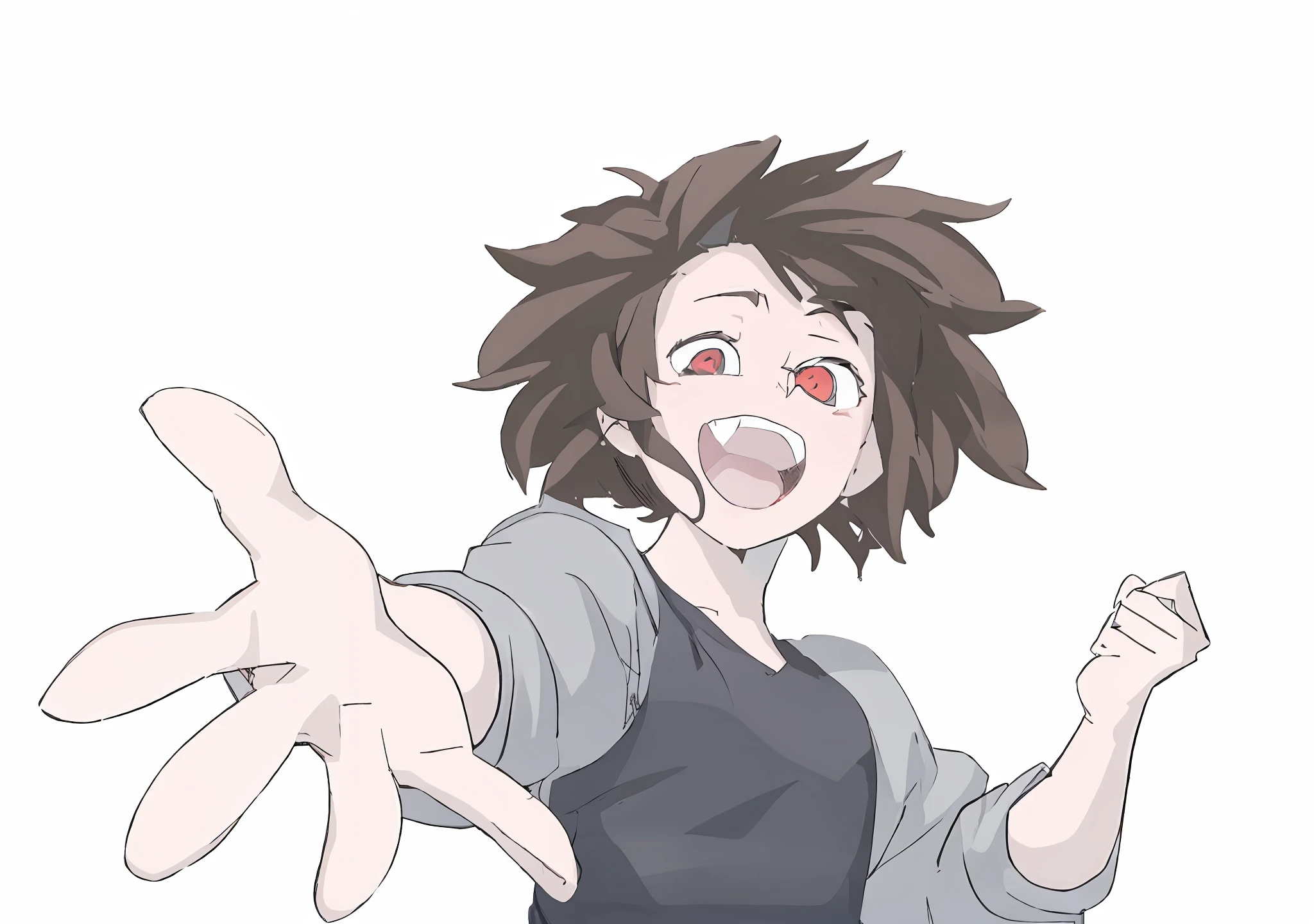 ​masterpiece、best qualtiy、1 week、Beautiful hair(1.5)、red eyes、Beautiful eyes、Anime character with open mouth and hands raised、Stick out your hand、young anime girl、excited expressions、