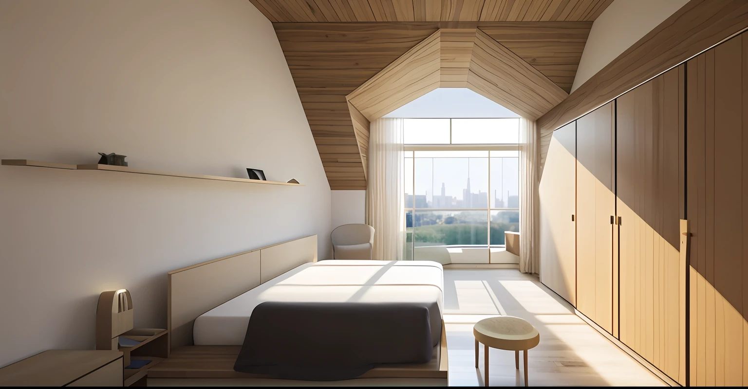 There is a drawing of a bedroom with a bed and a window, low angle dimetric rendering, 3d final render, 3 d finalrender, a 3D render, 3 d rendered, vue 3d render, 3 - d render, bed on the right, 3 d perspective, 3 d rendered, 3D rendering of, 3d final render, enscape render