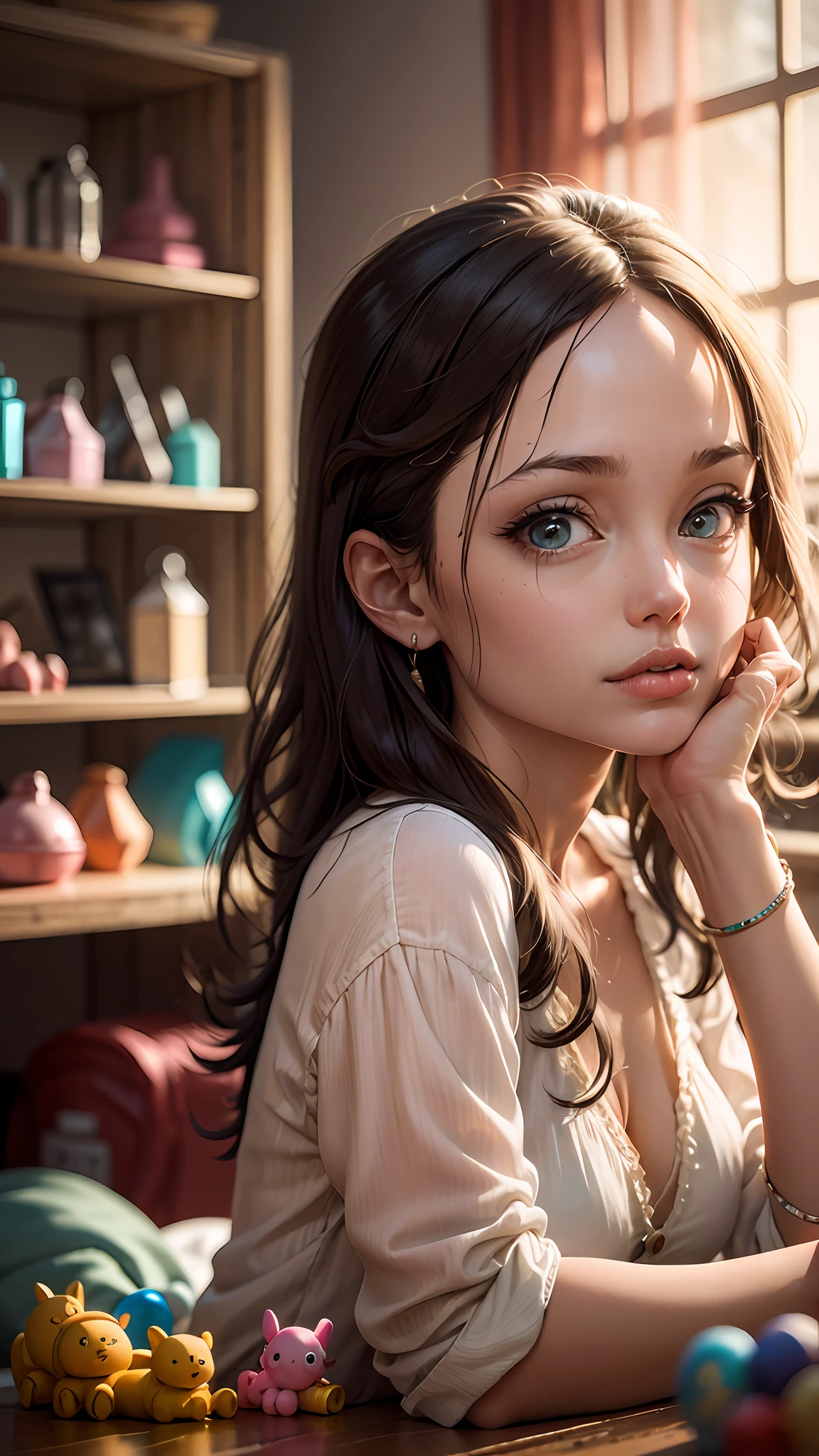 What is this girl thinking about? Is this her house? What are those toys doing in the background? Soft light, happy, cute, cinematic, ultra realistic, extremely detailed face, hyper realistic, indian, high res,      intricate details, --auto --s2