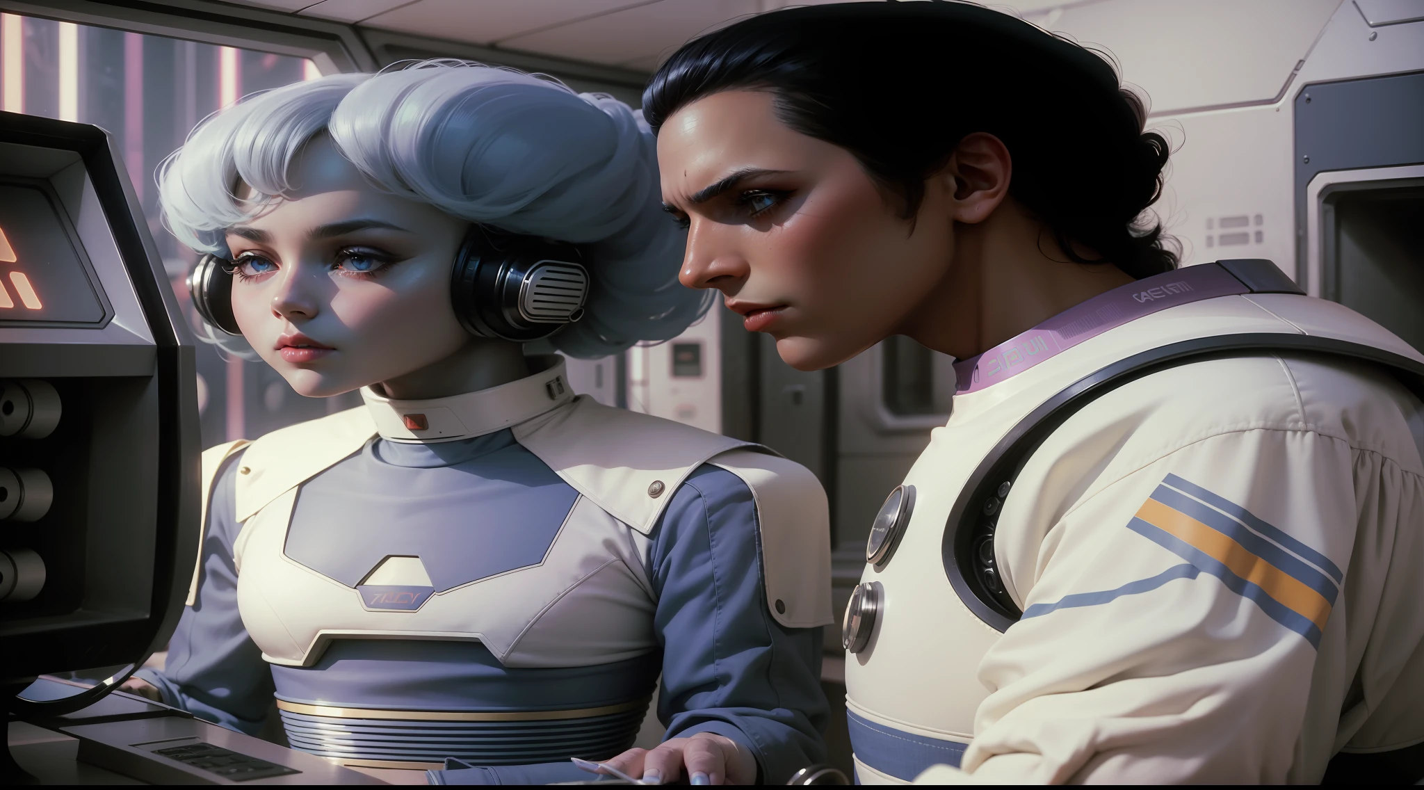4k picture of a 1970's sci-fi movie, Stanley Kubrick's movie picture, pastel colors, people wearing retro-futuristic fashion clothes and futuristic technological ornaments and devices, natural light, cinematic, psychedelia, retro-futuristic, photo-realistic, wax skin, perfect eyes, perfect hands, perfect hair, rich face details, hyper detailed, hyper realistic, real skin texture, real fabric textures, sharp background details, sharp render.