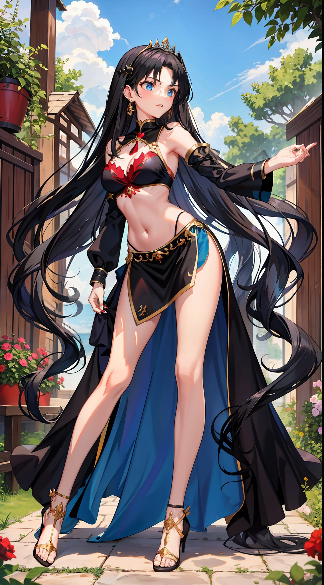 long hair, black hair, medium breast, slim legs, happy, blue gown, cleavage, arabian belly dancer , short skirt, rin tohsaka, twin tail, navel, garden, blue eyes, tiara, standing, thigh high socks, sunlight, shoulderless