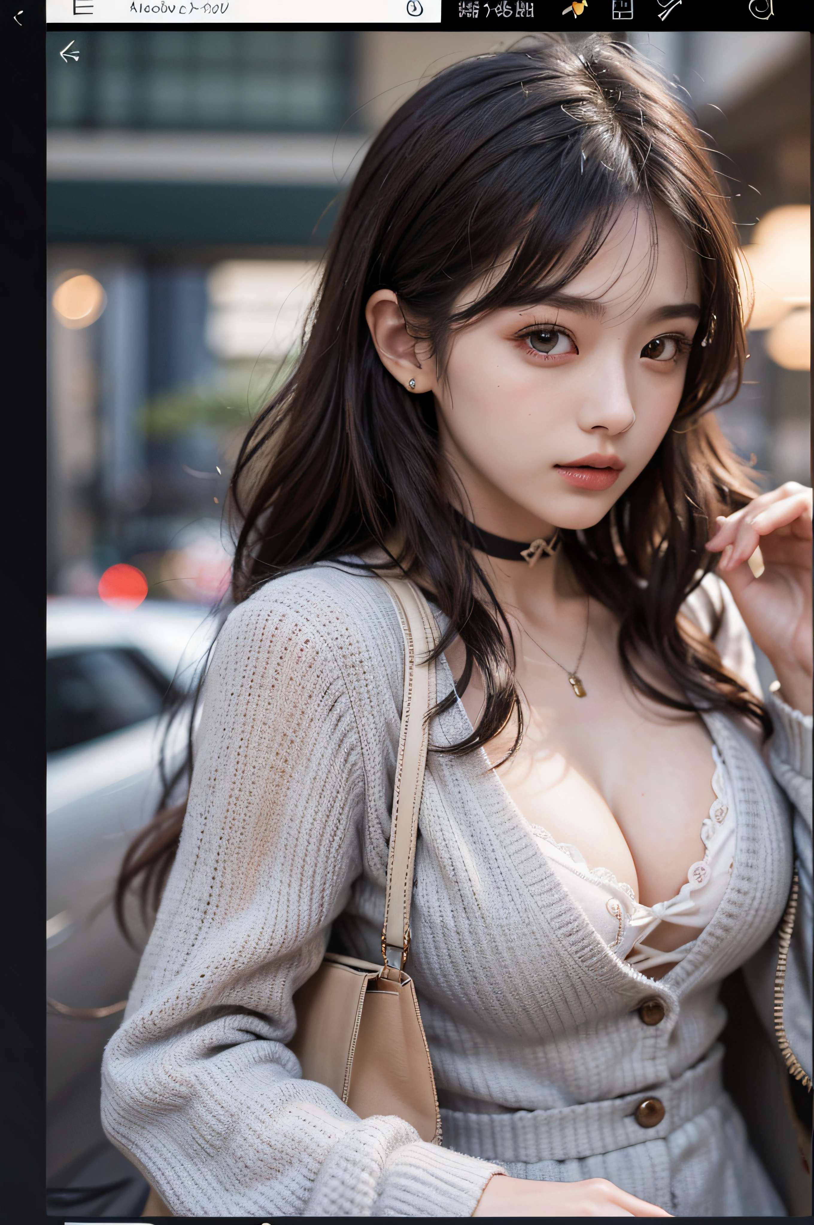 Best Quality Detail:1.2, realisitic, 8K UHD, hight resolution, 1girl in:1.2, The ultra-detailliert, High quality textures, intricate detailes, detaileds, Very detailed CG, High quality shadows, Detail Beautiful delicate face, Detail Beautiful delicate eyes, depth of fields, Ray traching, in her 20s, Pretty Kpop Girl, Korean Urzan Face:1.1, Slender face, ulzzang -6500-v1.1:0.6, pureerosface_v1, gloweyes, teak, Glossy lips, perfectbody, a choker、cleavage of the breast、 Brown hair、poneyTail:1.1, Street, Particle, look at viewr, Photorealsitic:1.4, ultra-detailliert, photos realistic, 4K 8K UHD Full Color RAW Photos, Fuji Film(Medium format:1.2), Hasselblad:1.2, Carl zeiss:1.1, Incredible dynamic range photography(UTIL_Art by Smoose-768:1.1), hight resolution, High pixel count, clear details, crisp image, Natural color reproduction, Noise Reduction, High fidelity, qulity, Software Improvements, Upscaling, Optimized algorithms, Pro-level retouching、((Shibuya, tokyo prefecture))、On the way to shopping、((Fashionable clothes with a very high design))、((Classic tailored suit: Box-shaped tailored jacket and pantsuit、Power dressing))