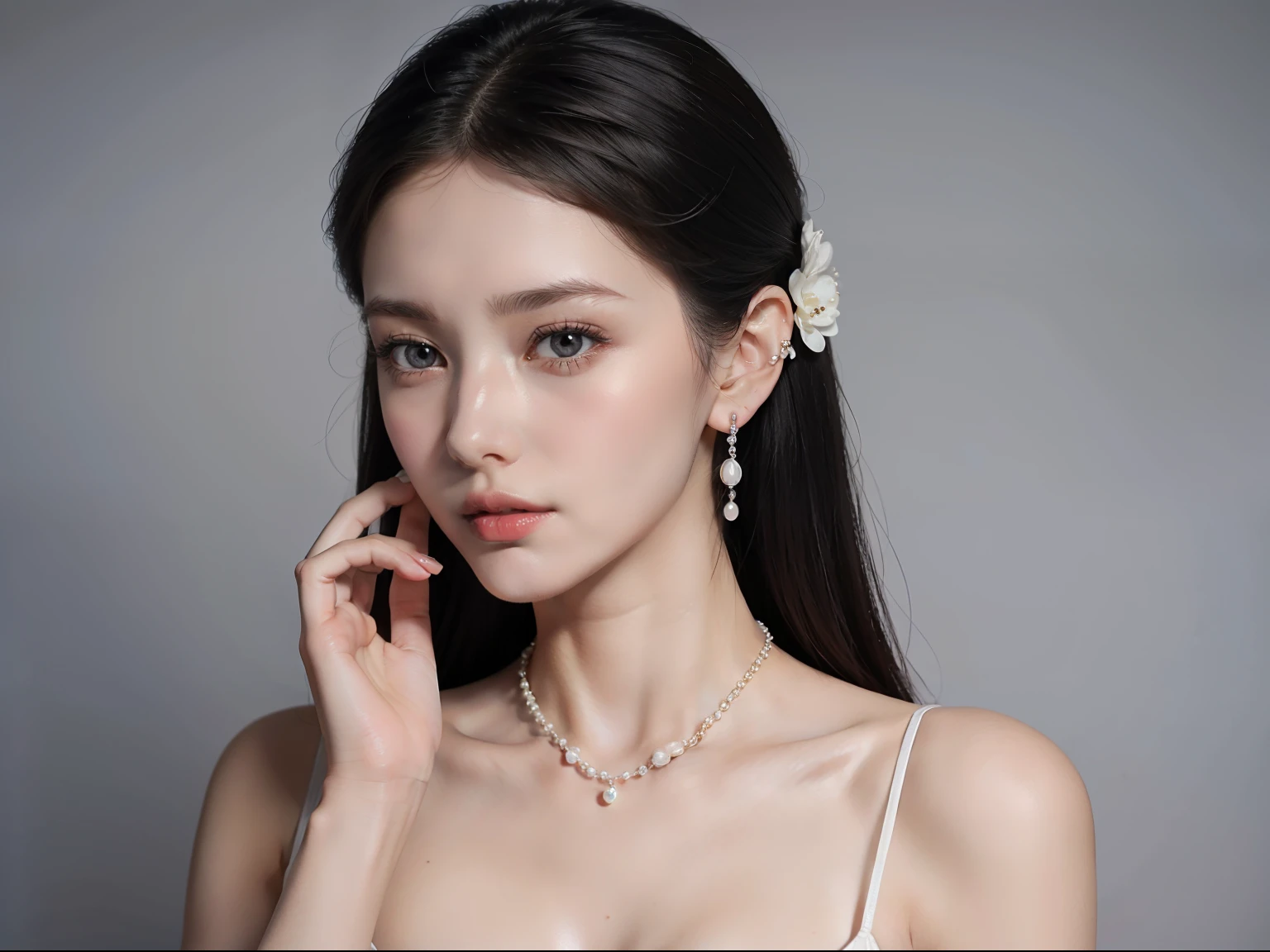 Longing woman in white dress，Place your hands on your neck, earring, prominent jawline, photo of a hand jewellery model, wearing elegant jewellery, Wearing pearl earrings, fine simple delicate structure, pale glowing skin, soft flawless pale skin, woman with porcelain skin, young beautiful woman, Smooth porcelain skin, Youthful face, smooth glowing skin, Angular jawline
