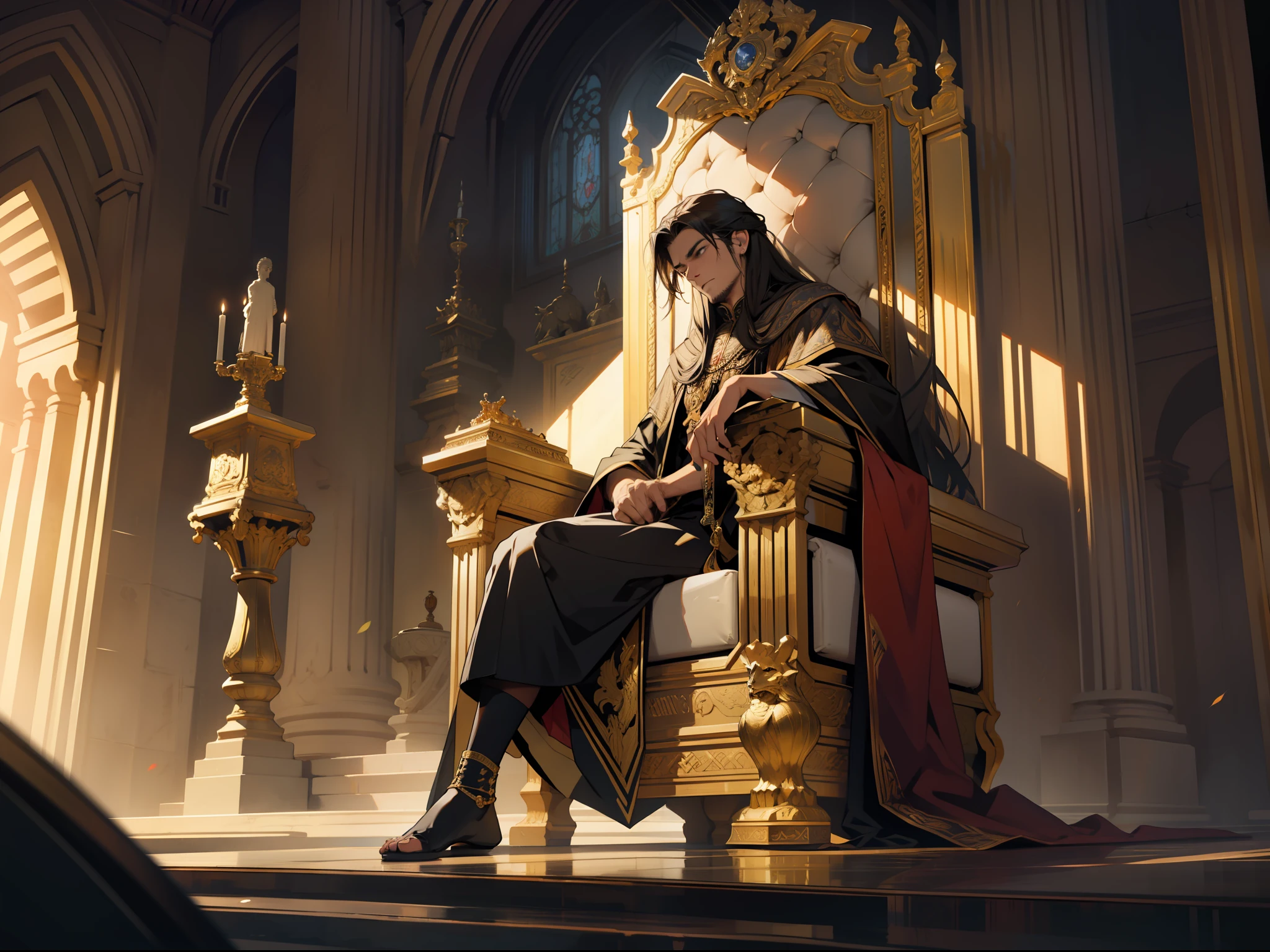 A loyal man humbly kneeling before a majestic king seated on a resplendent throne.